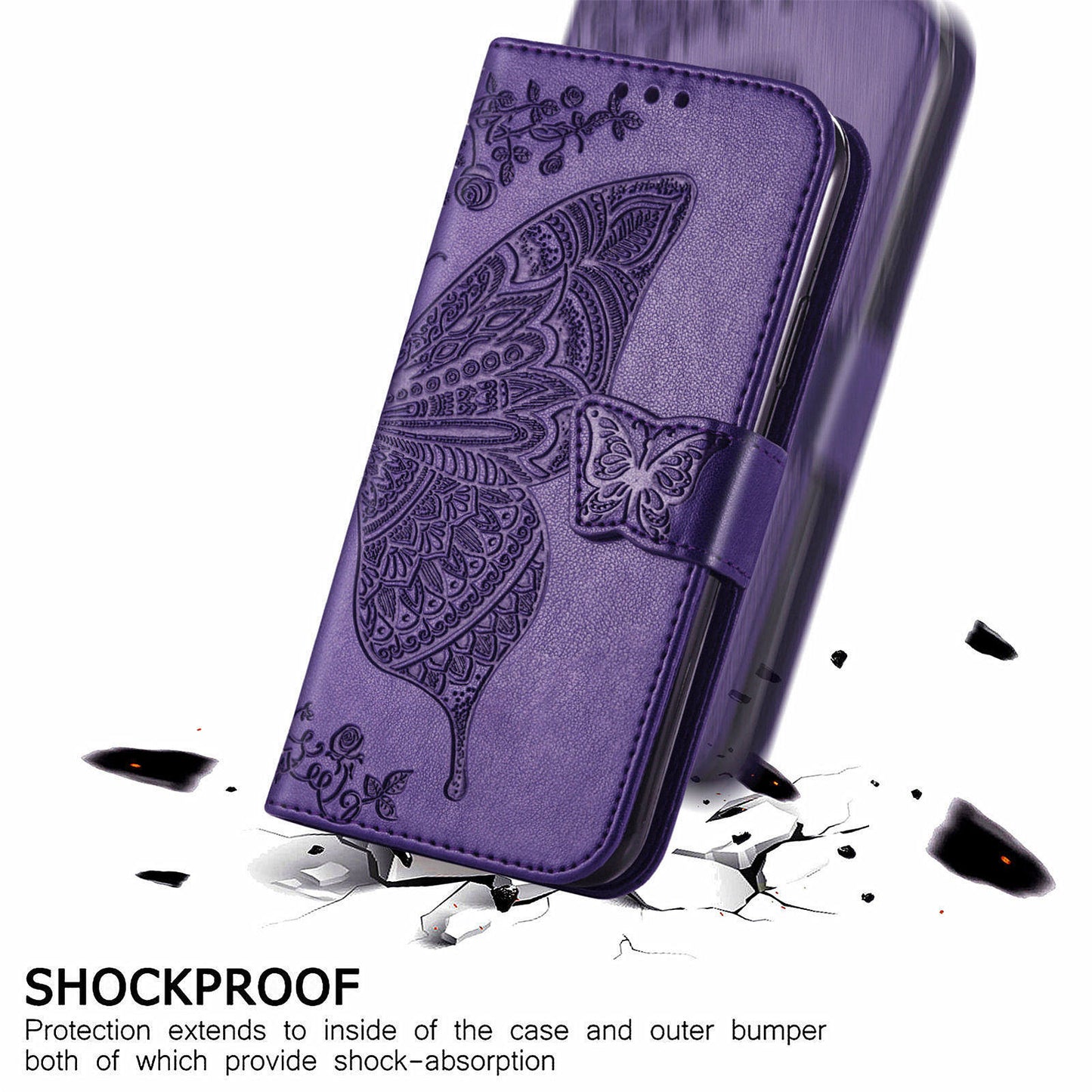 For Google Pixel 9 Case Butterfly Floral Pattern PU Leather Wrist Strap Card / Cash Slots Phone Cover - Dark Purple