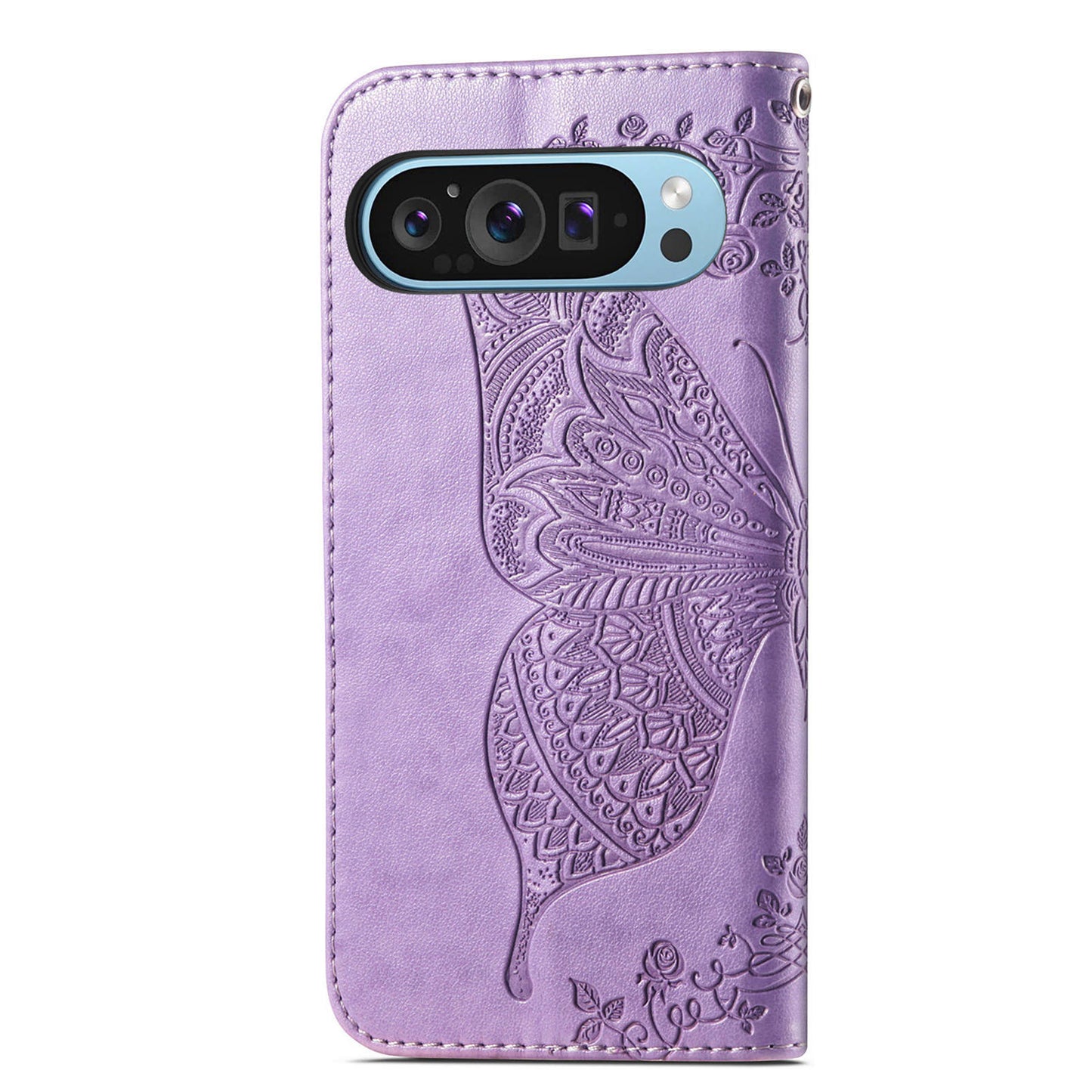For Google Pixel 9 Case Butterfly Floral Pattern PU Leather Wrist Strap Card / Cash Slots Phone Cover - Light Purple
