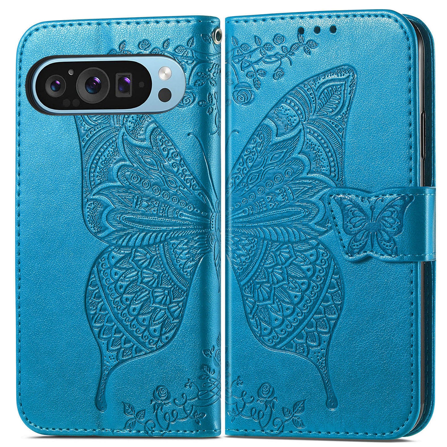 For Google Pixel 9 Case Butterfly Floral Pattern PU Leather Wrist Strap Card / Cash Slots Phone Cover - Blue
