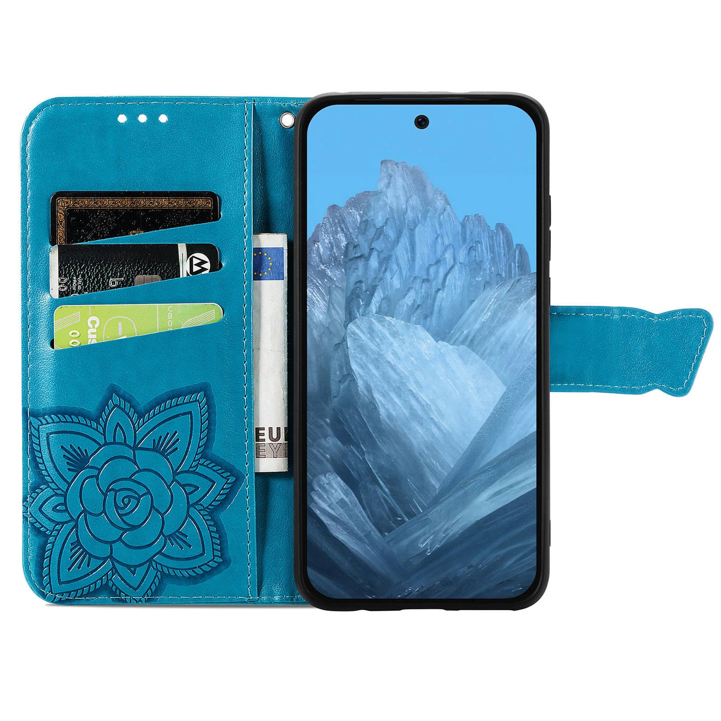 For Google Pixel 9 Case Butterfly Floral Pattern PU Leather Wrist Strap Card / Cash Slots Phone Cover - Blue