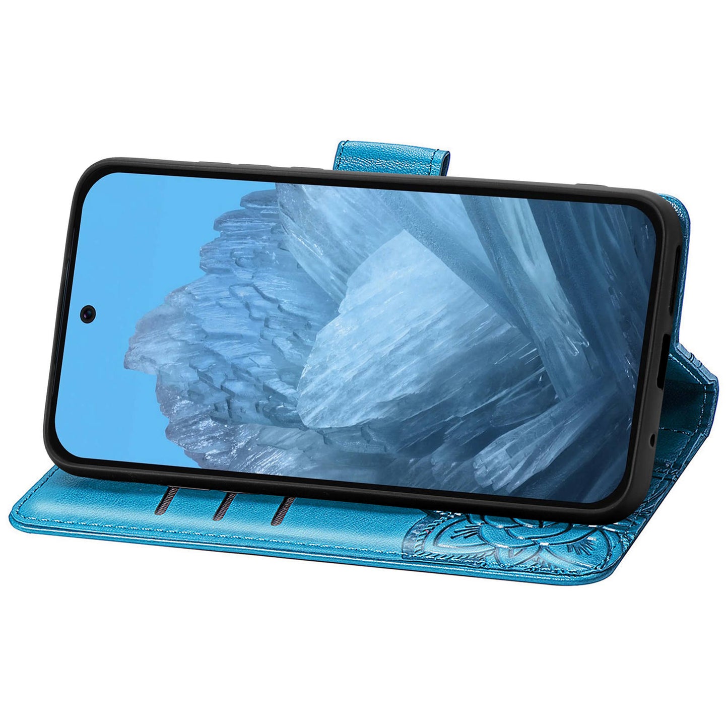 For Google Pixel 9 Case Butterfly Floral Pattern PU Leather Wrist Strap Card / Cash Slots Phone Cover - Blue