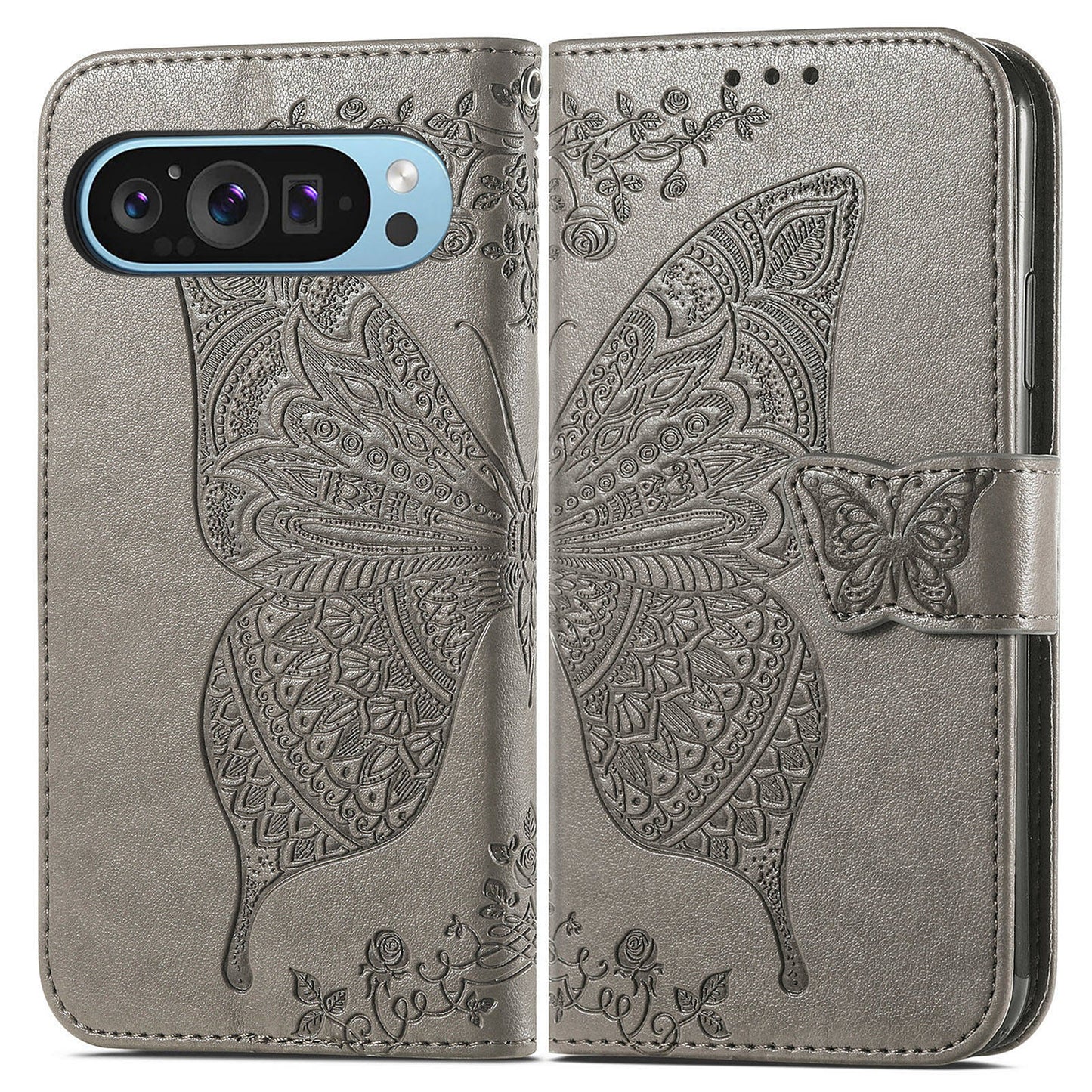 For Google Pixel 9 Case Butterfly Floral Pattern PU Leather Wrist Strap Card / Cash Slots Phone Cover - Grey