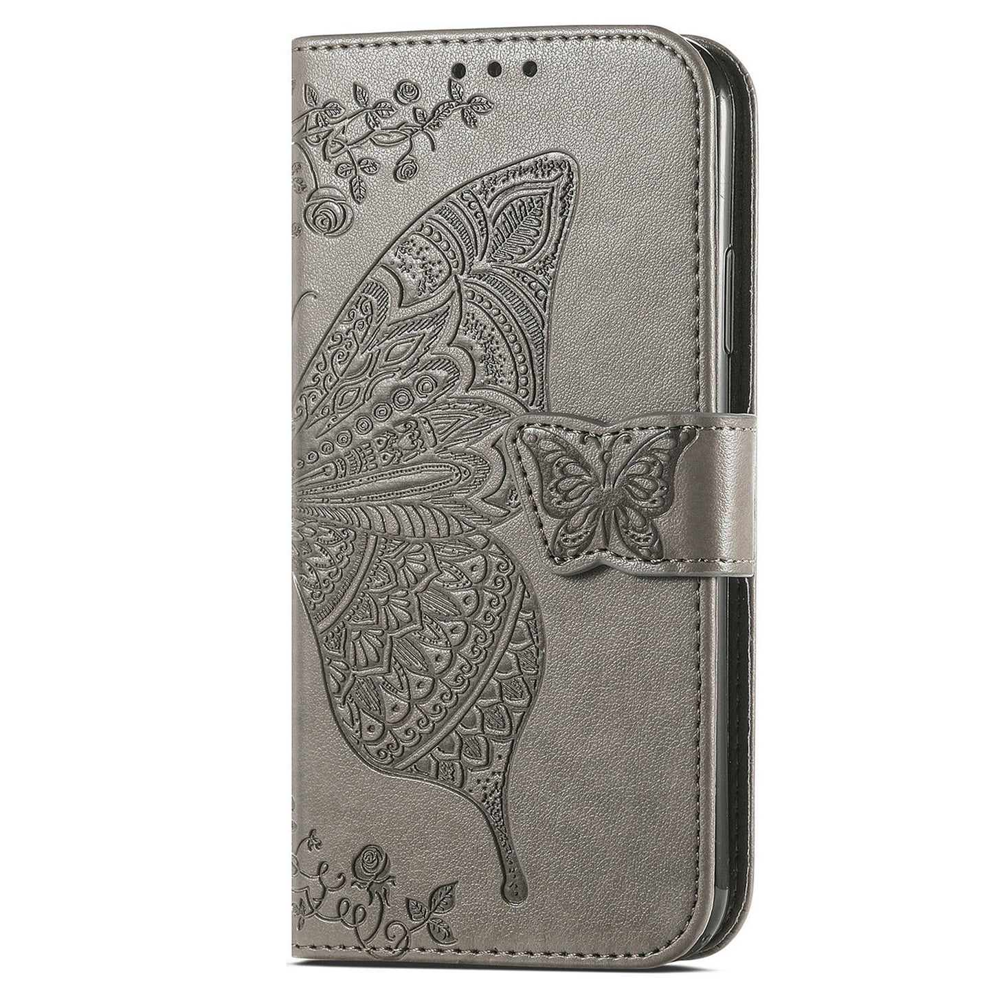 For Google Pixel 9 Case Butterfly Floral Pattern PU Leather Wrist Strap Card / Cash Slots Phone Cover - Grey