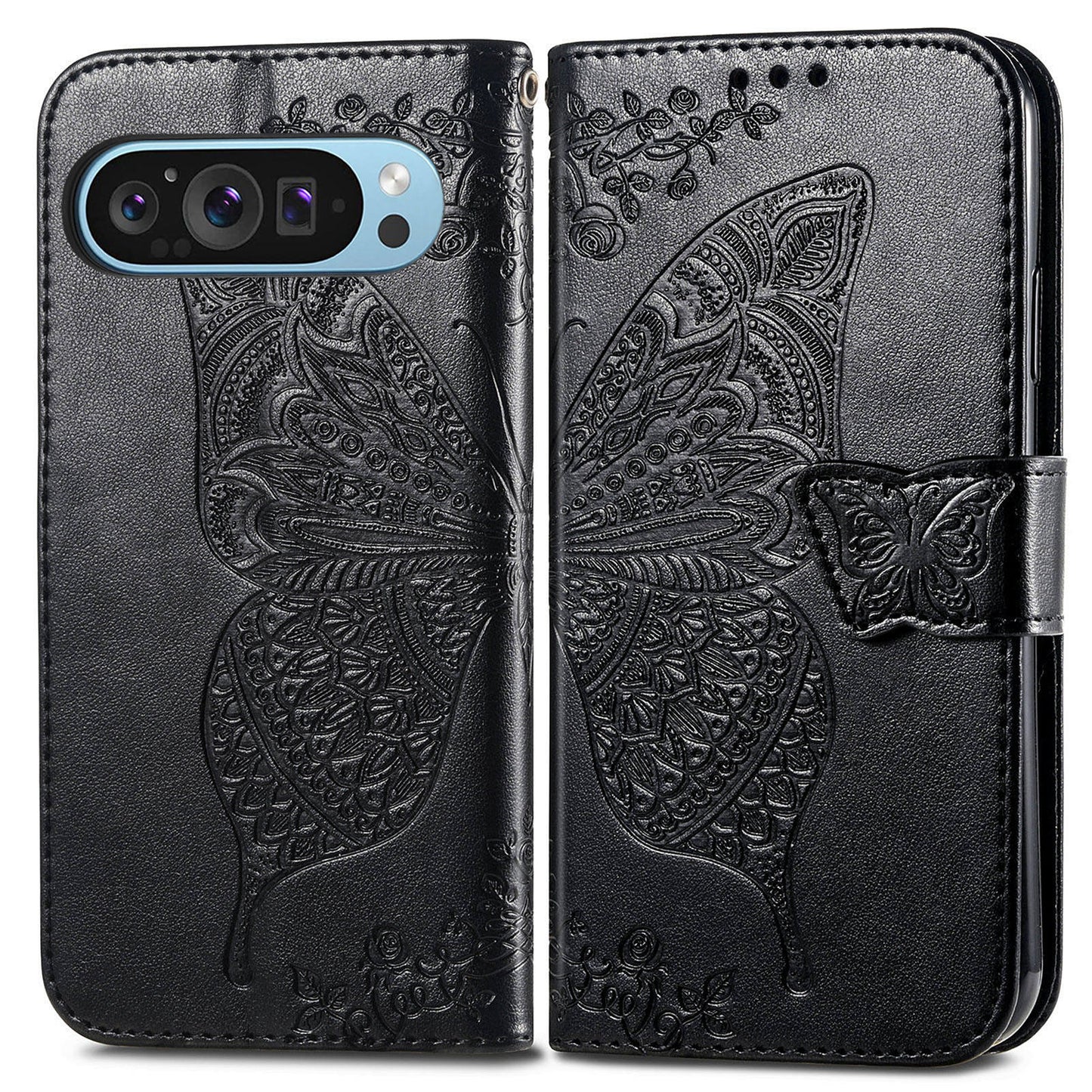 For Google Pixel 9 Pro Case Butterfly PU Leather Stand Card Holders Phone Cover Wholesale Online Stores - Black