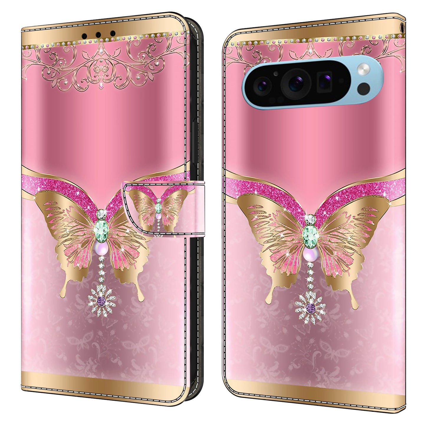 For Google Pixel 9 Case Card Holder 3D Pattern PU Leather Protective Phone Cover - Pink / Gold Butterfly