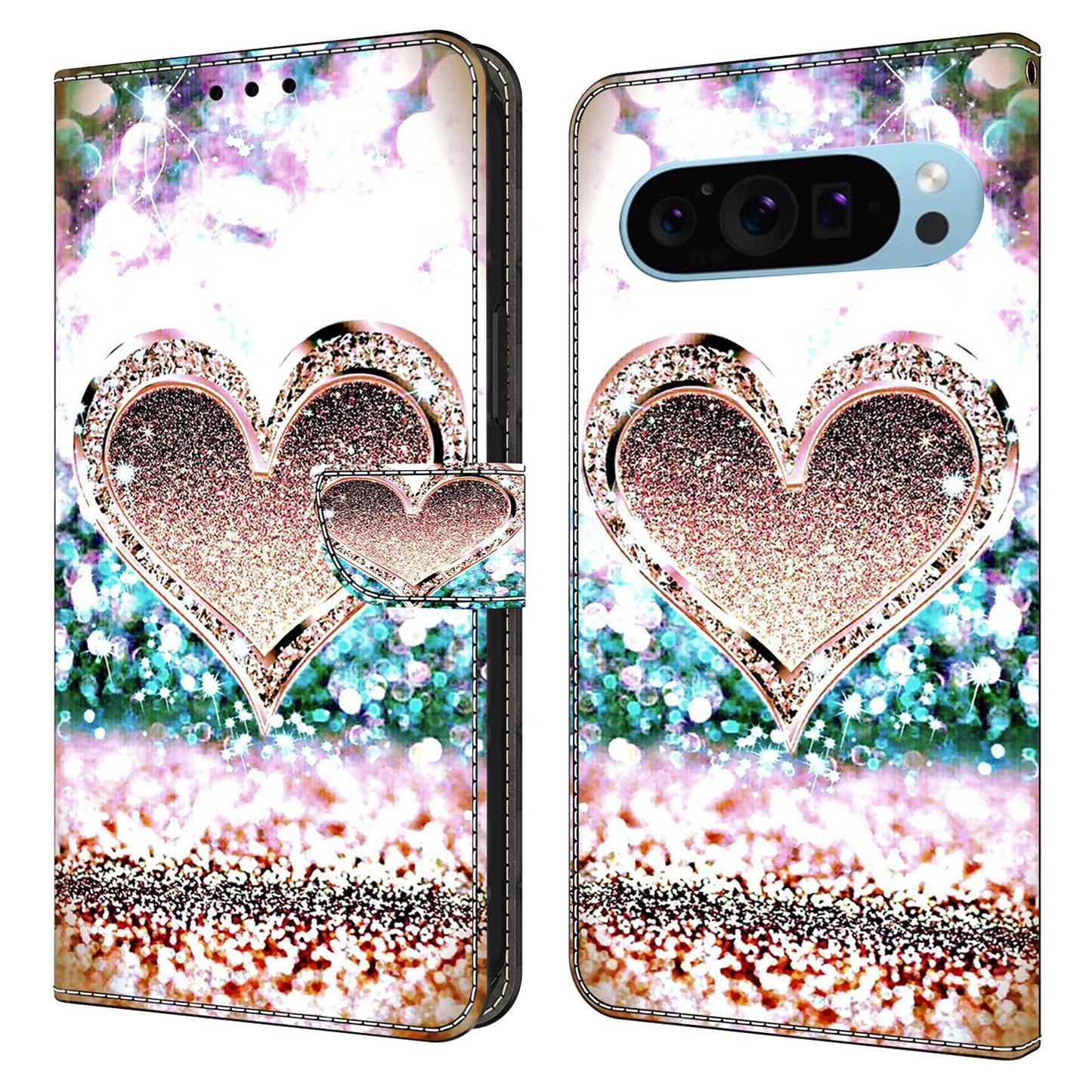 For Google Pixel 9 Case Card Holder 3D Pattern PU Leather Protective Phone Cover - Pink Diamond Heart