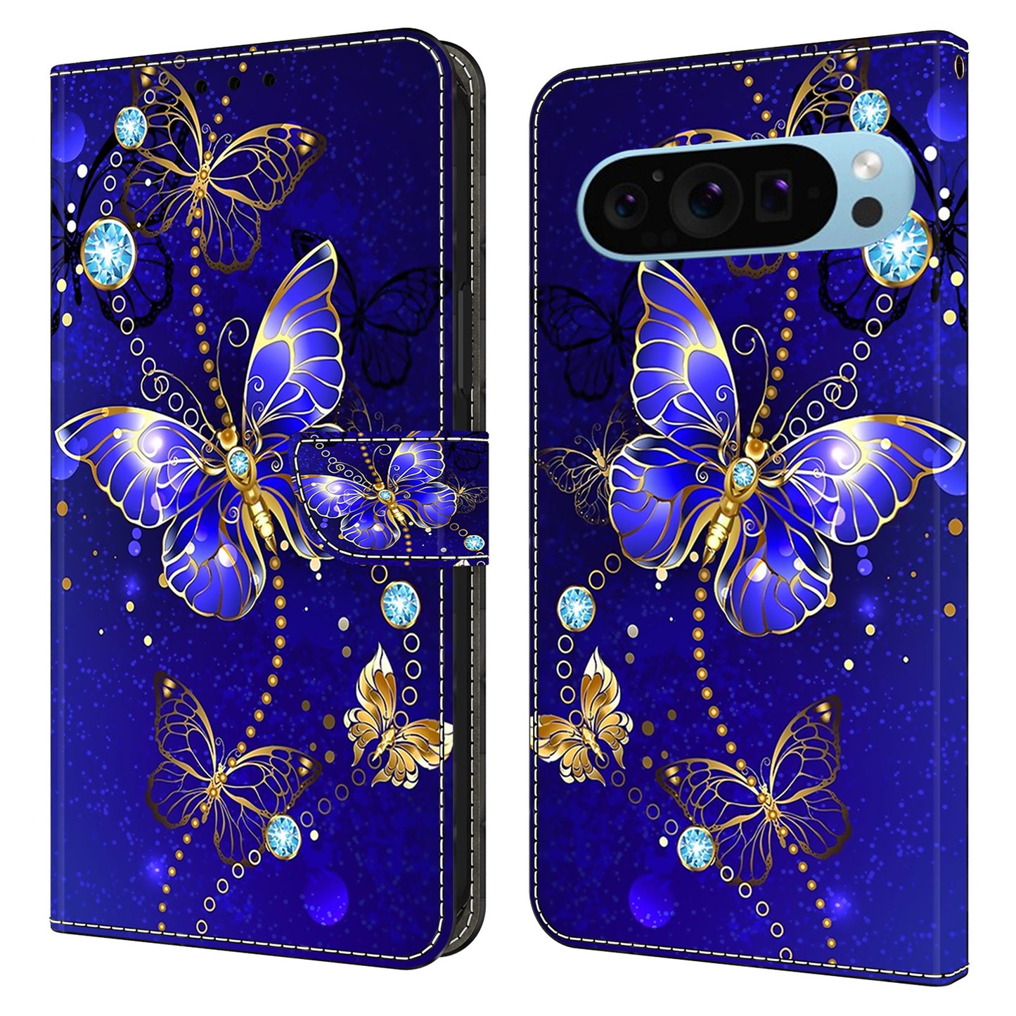 For Google Pixel 9 Case Card Holder 3D Pattern PU Leather Protective Phone Cover - Diamond Butterfly
