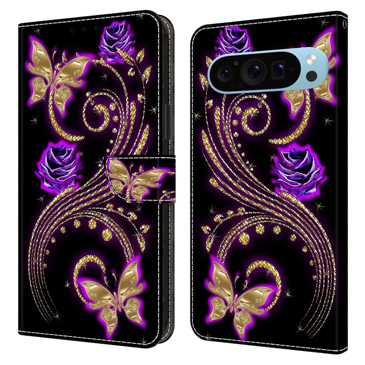 For Google Pixel 9 Pro Case Stand 3D Pattern PU Leather Flip Wallet Phone Cover - Flowers / Butterflies