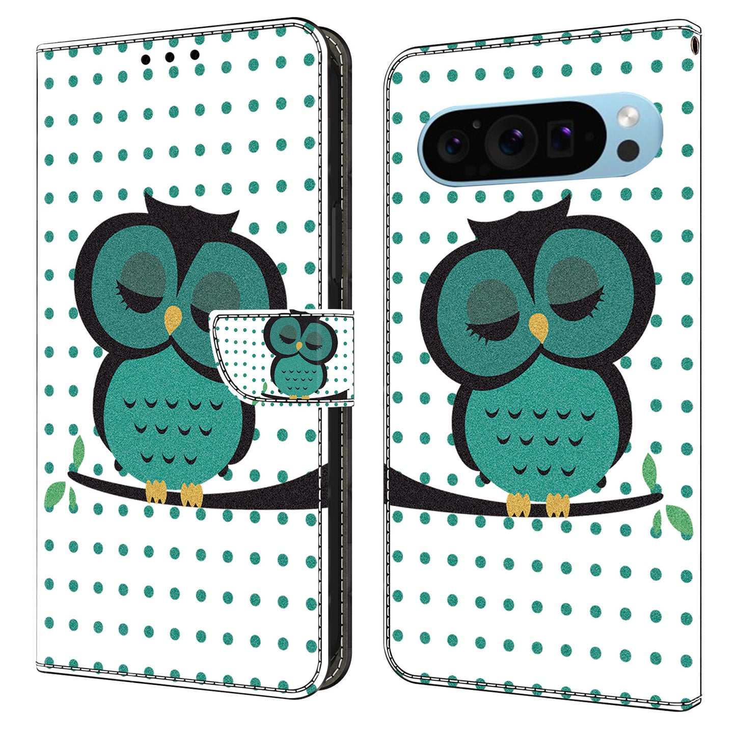 For Google Pixel 9 Pro Case PU Leather 3D Pattern Flip Bookstyle Wallet Phone Cover - Sleeping Owl