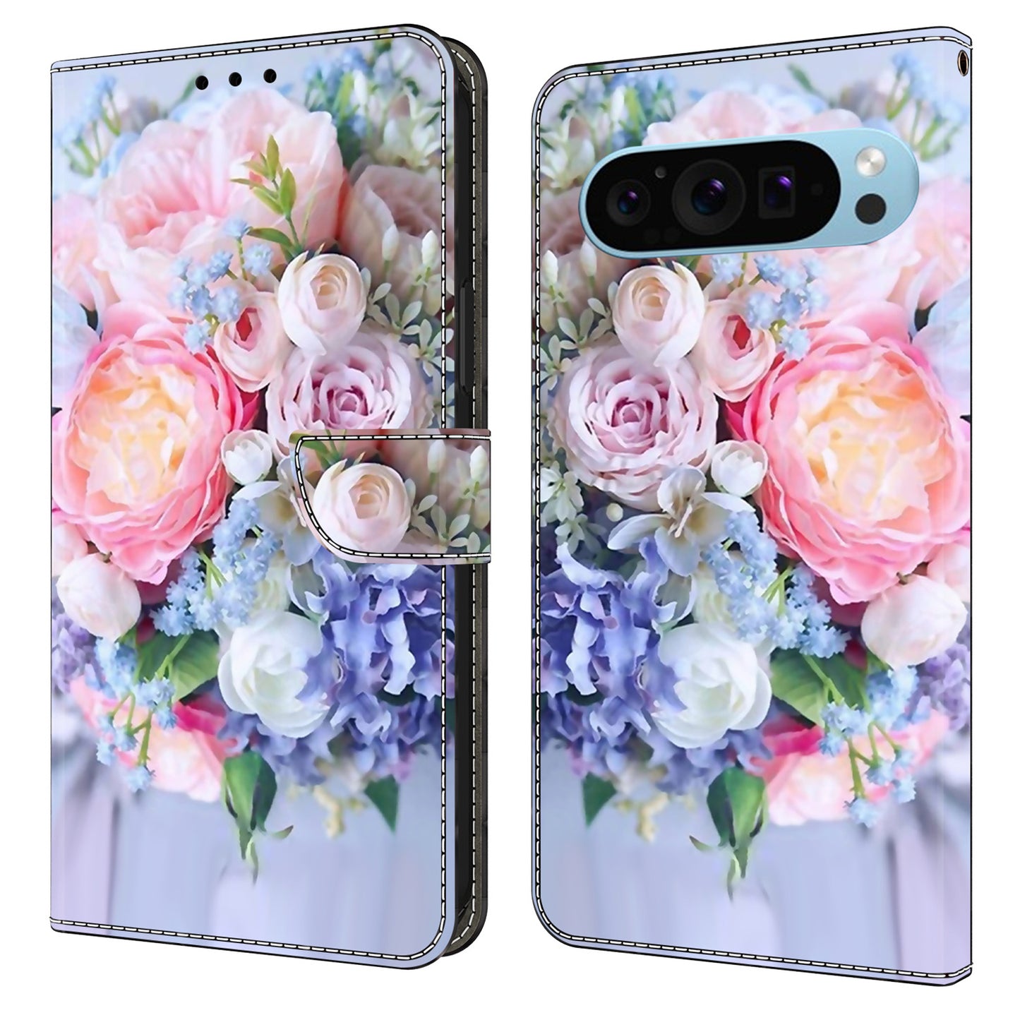 For Google Pixel 9 Pro Case PU Leather 3D Pattern Flip Bookstyle Wallet Phone Cover - Colorful Flower
