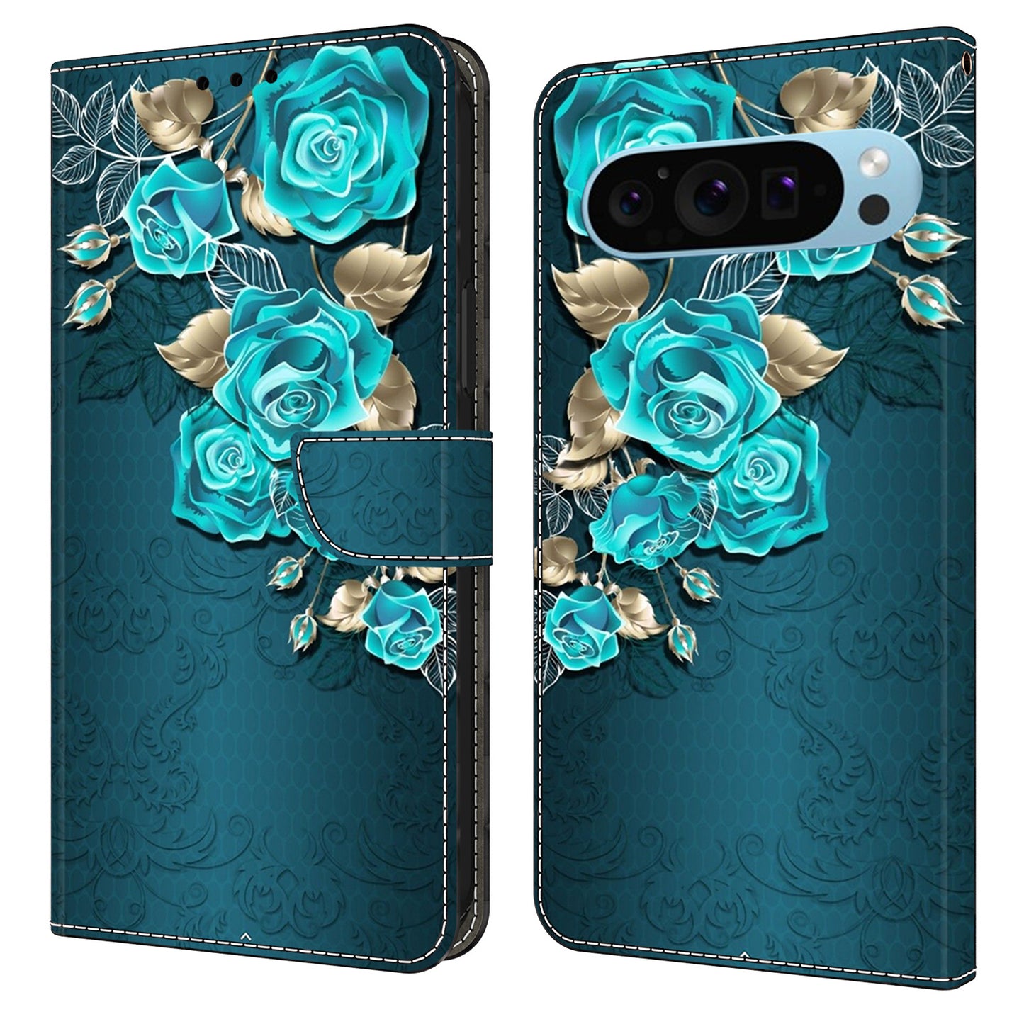 For Google Pixel 9 Pro Case PU Leather 3D Pattern Flip Bookstyle Wallet Phone Cover - Blue Rose
