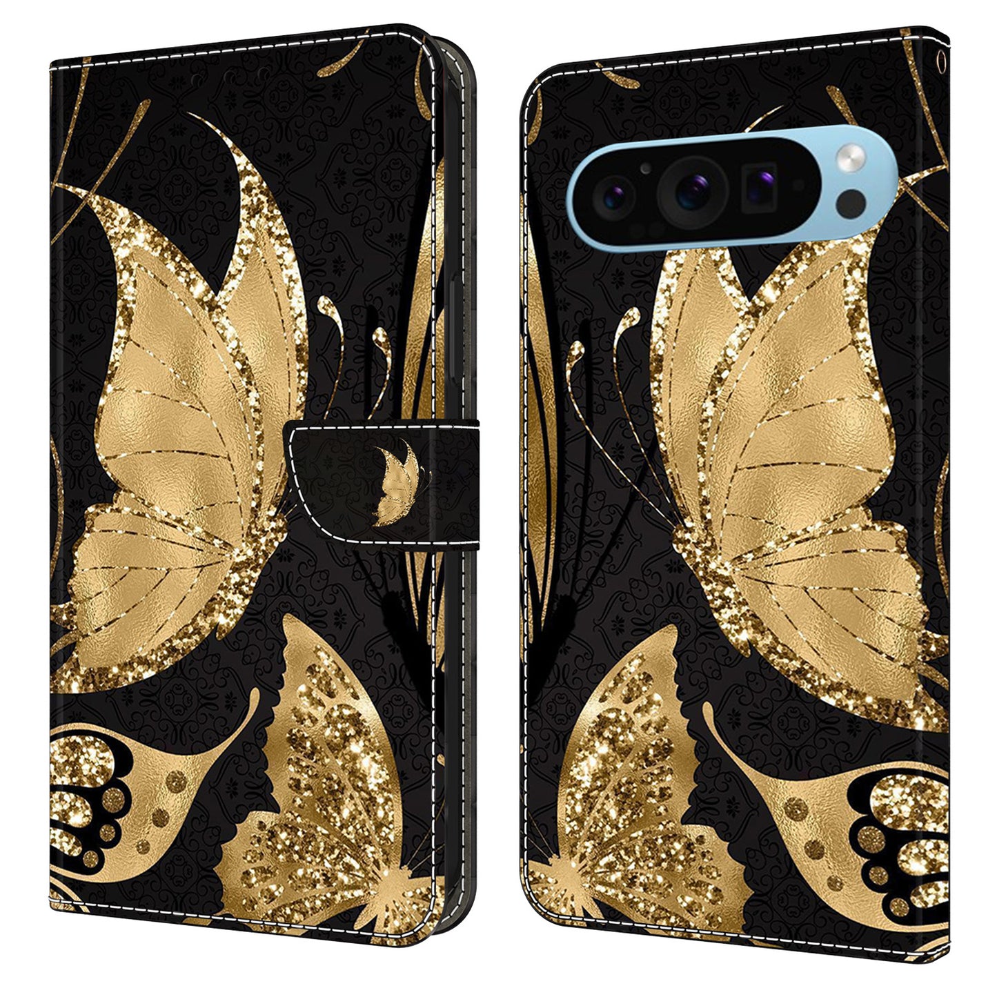 For Google Pixel 9 Pro Case PU Leather 3D Pattern Flip Bookstyle Wallet Phone Cover - Golden Butterfly