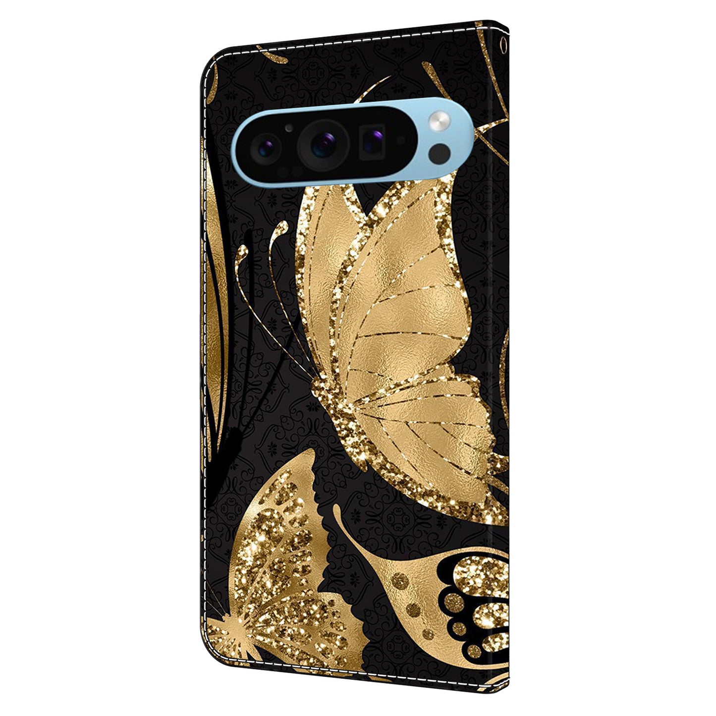 For Google Pixel 9 Pro Case PU Leather 3D Pattern Flip Bookstyle Wallet Phone Cover - Golden Butterfly