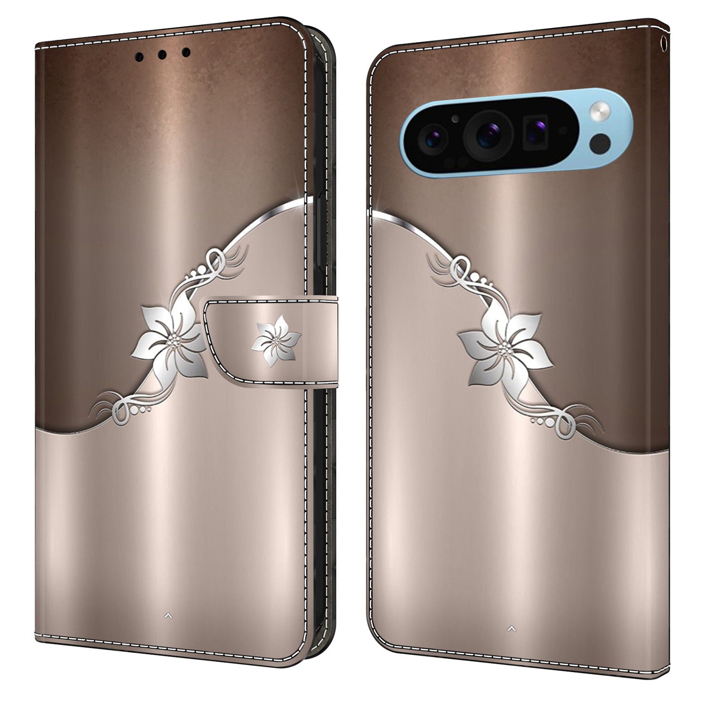 For Google Pixel 9 Pro Case PU Leather 3D Pattern Flip Bookstyle Wallet Phone Cover - Silver Flower