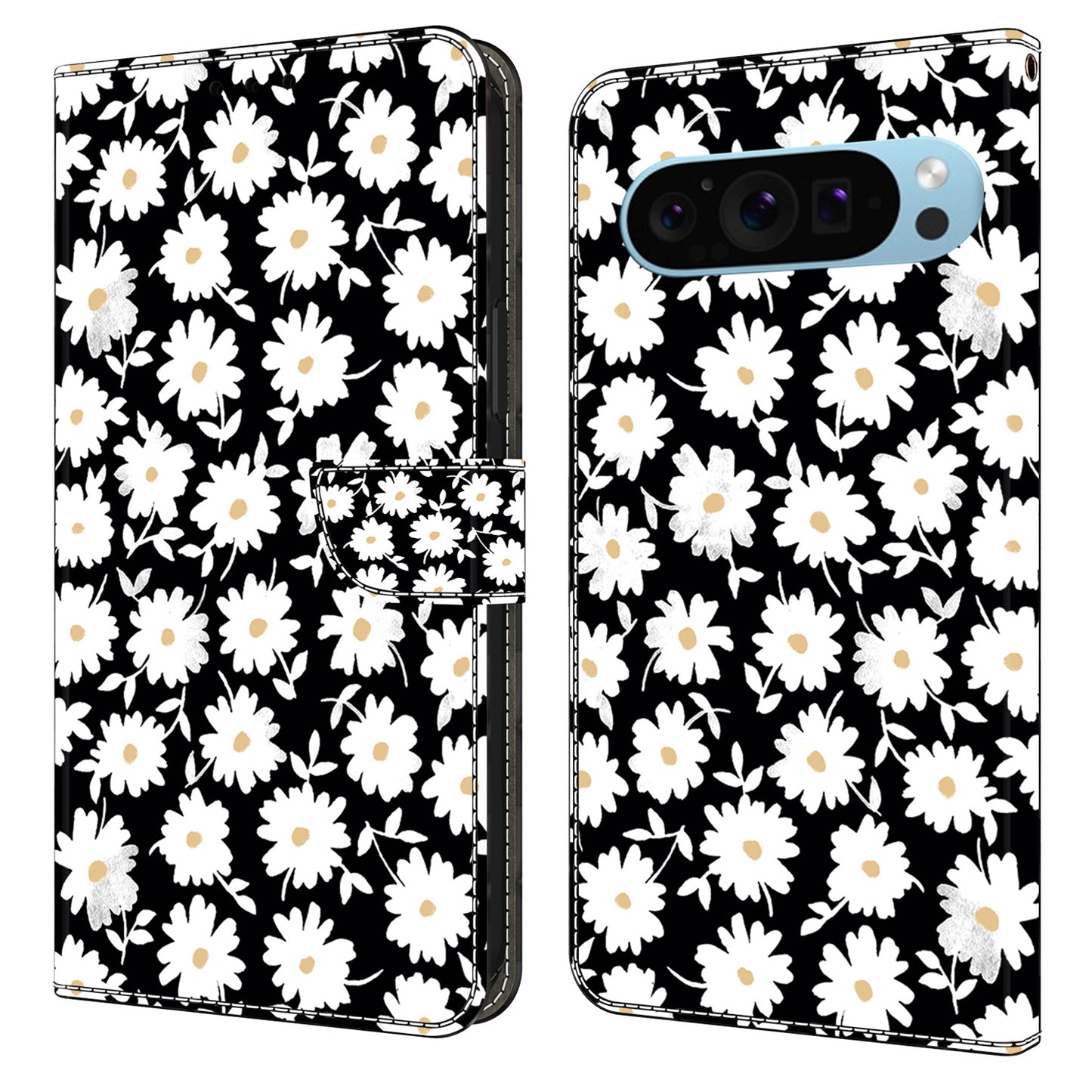 For Google Pixel 9 Pro Case PU Leather 3D Pattern Flip Bookstyle Wallet Phone Cover - Floral