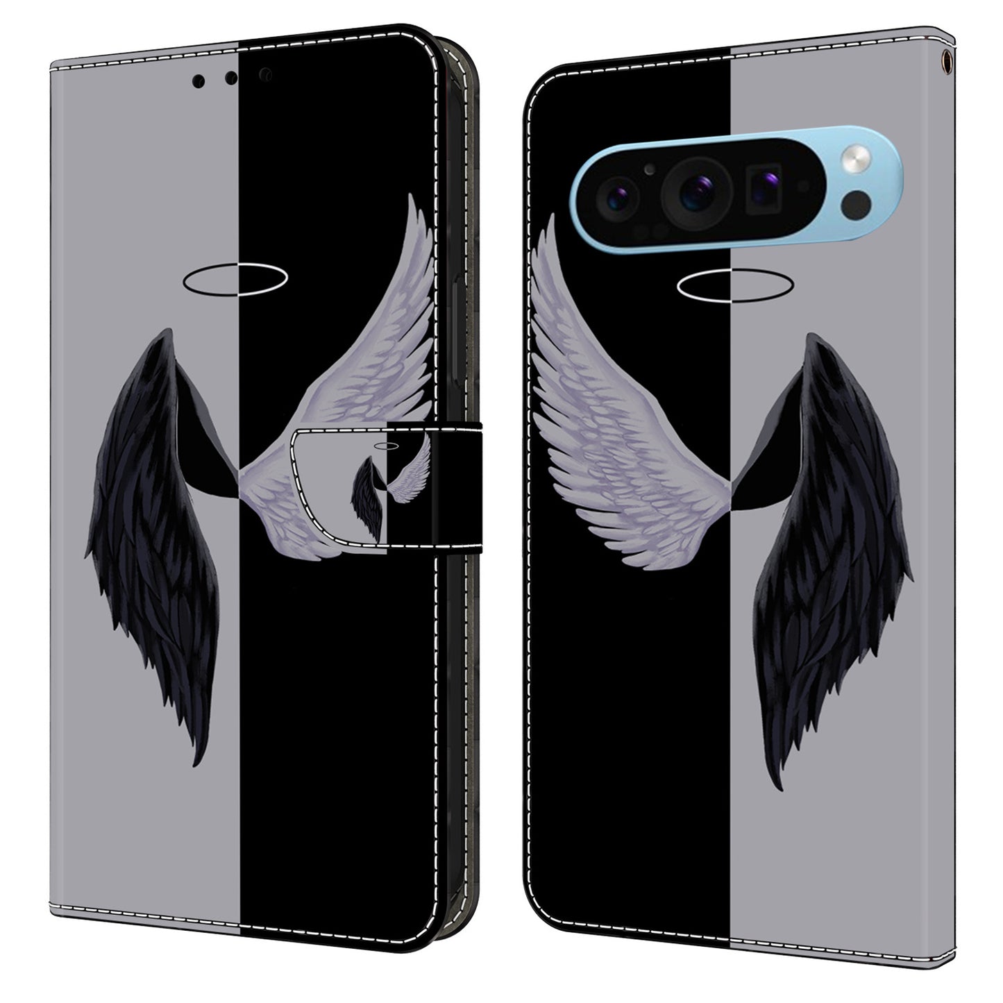For Google Pixel 9 Pro Case PU Leather 3D Pattern Flip Bookstyle Wallet Phone Cover - Black / White Wings