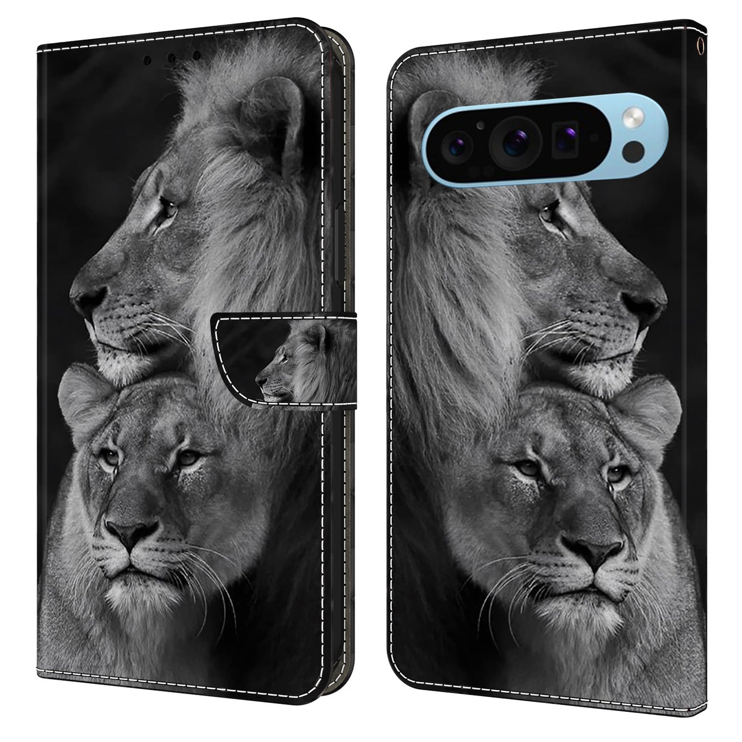 For Google Pixel 9 Pro Case PU Leather 3D Pattern Flip Bookstyle Wallet Phone Cover - Couple Lions