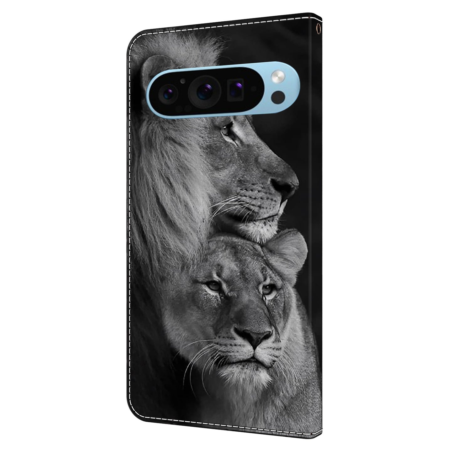 For Google Pixel 9 Pro Case PU Leather 3D Pattern Flip Bookstyle Wallet Phone Cover - Couple Lions