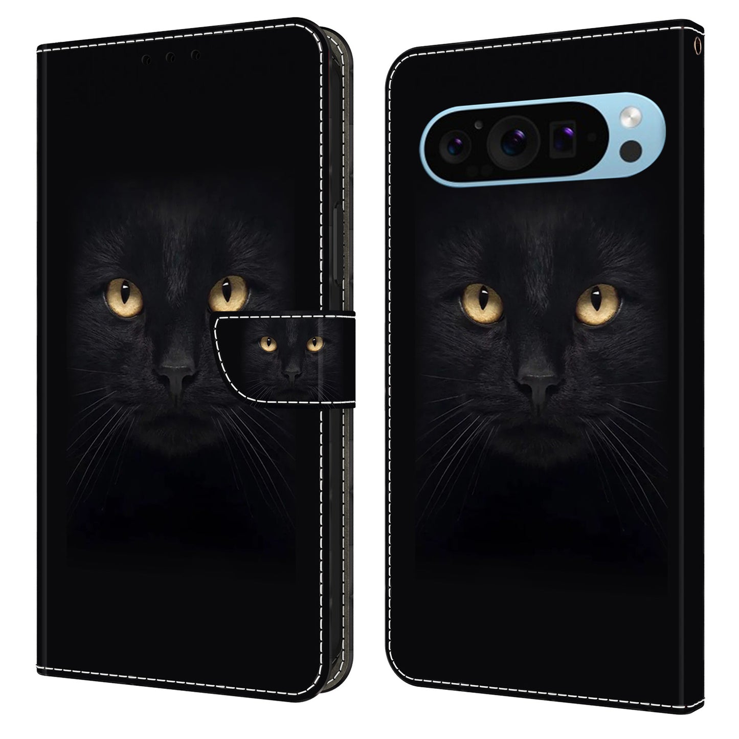 For Google Pixel 9 Pro Case PU Leather 3D Pattern Flip Bookstyle Wallet Phone Cover - Black Cat