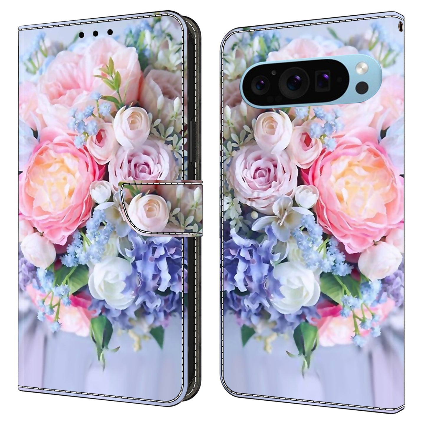 For Google Pixel 9 Case PU Leather 3D Pattern Wallet Phone Cover with Magnetic Clasp - Colorful Flower