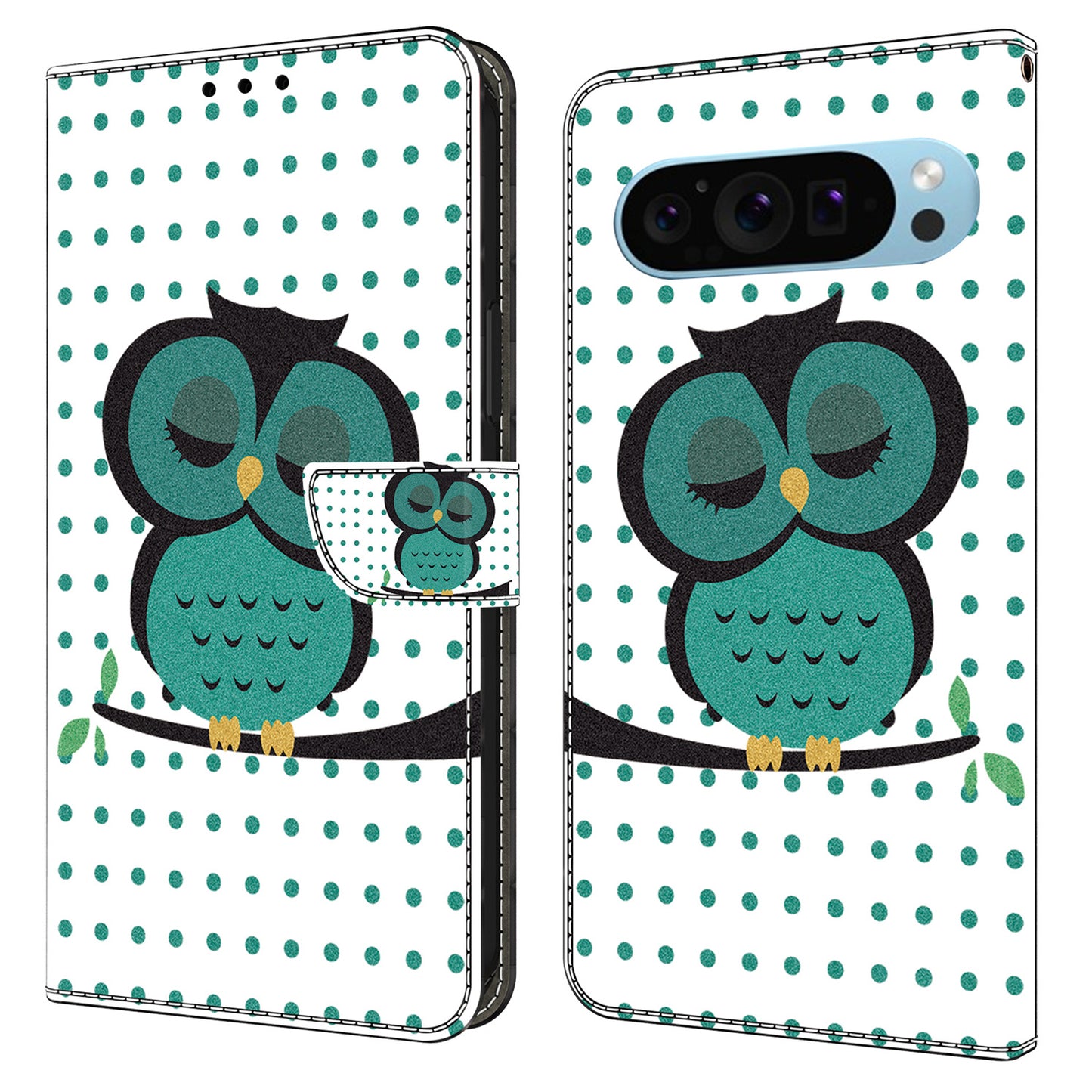 For Google Pixel 9 Case PU Leather 3D Pattern Wallet Phone Cover with Magnetic Clasp - Sleeping Owl