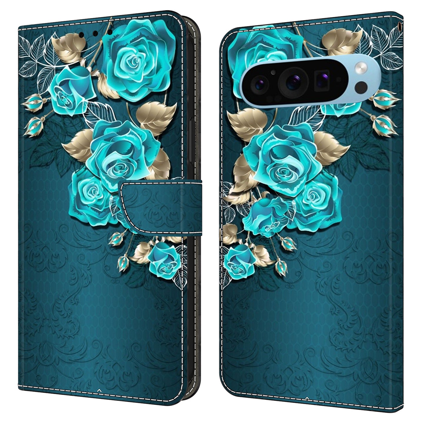 For Google Pixel 9 Case PU Leather 3D Pattern Wallet Phone Cover with Magnetic Clasp - Blue Rose