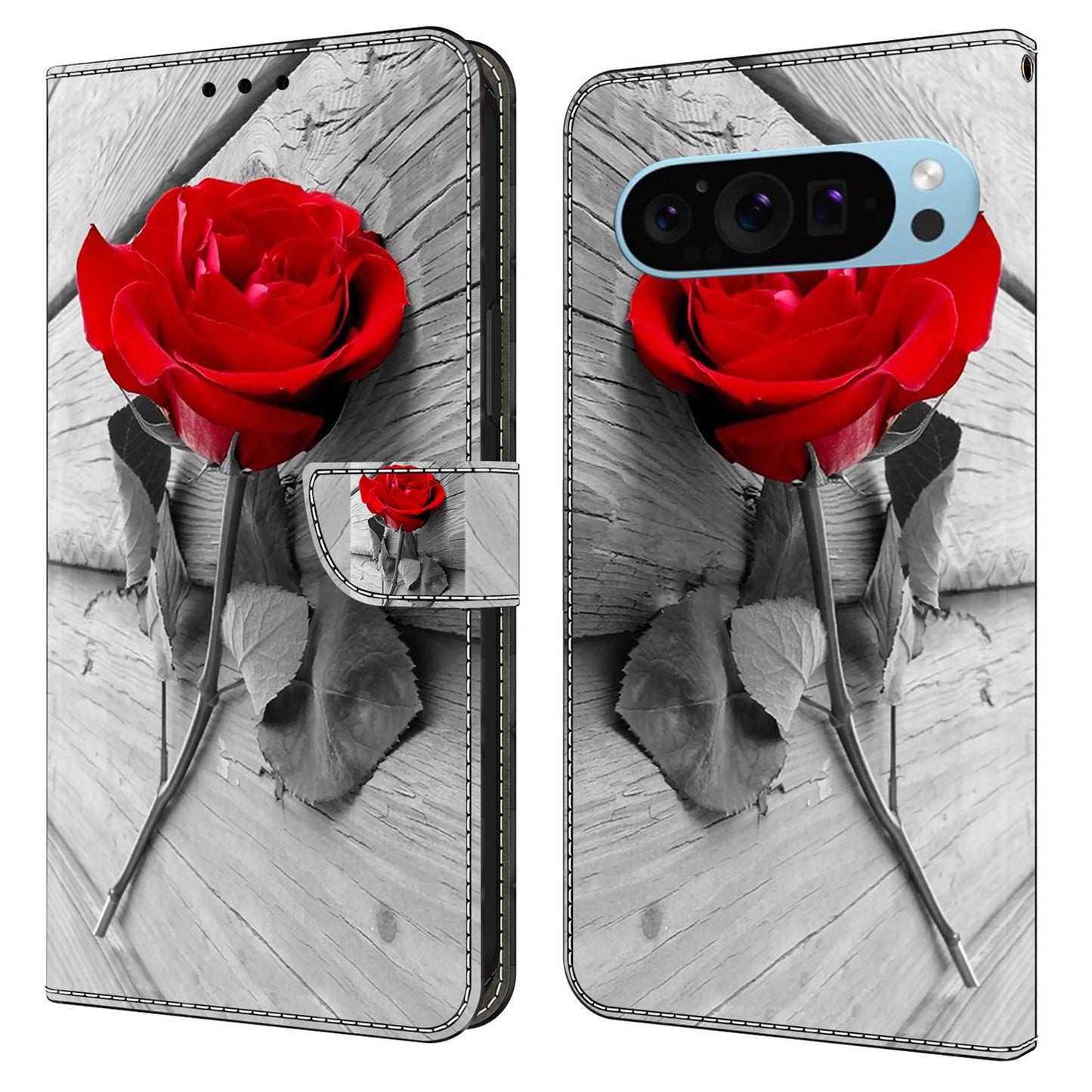 For Google Pixel 9 Case PU Leather 3D Pattern Wallet Phone Cover with Magnetic Clasp - Rose
