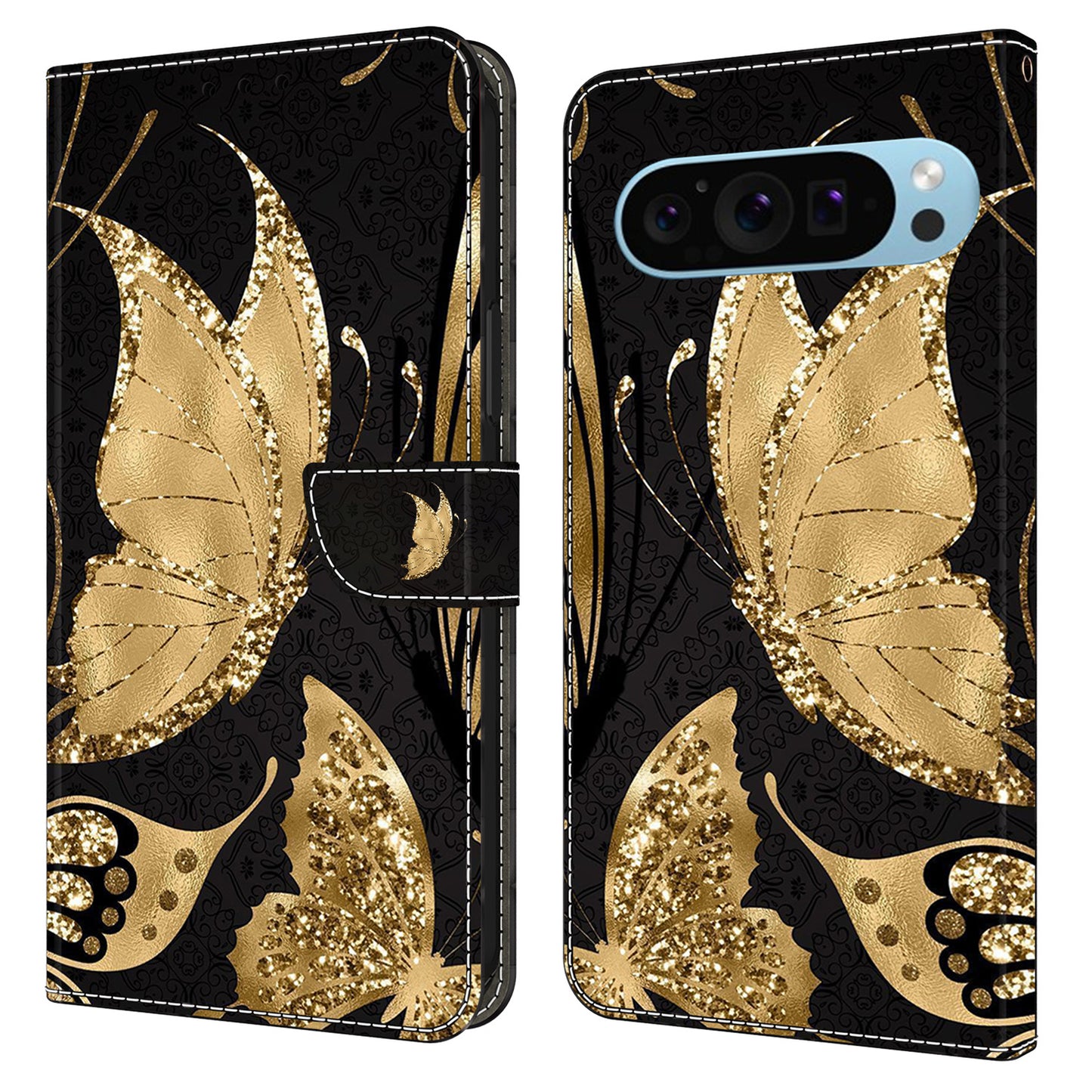For Google Pixel 9 Case PU Leather 3D Pattern Wallet Phone Cover with Magnetic Clasp - Golden Butterfly