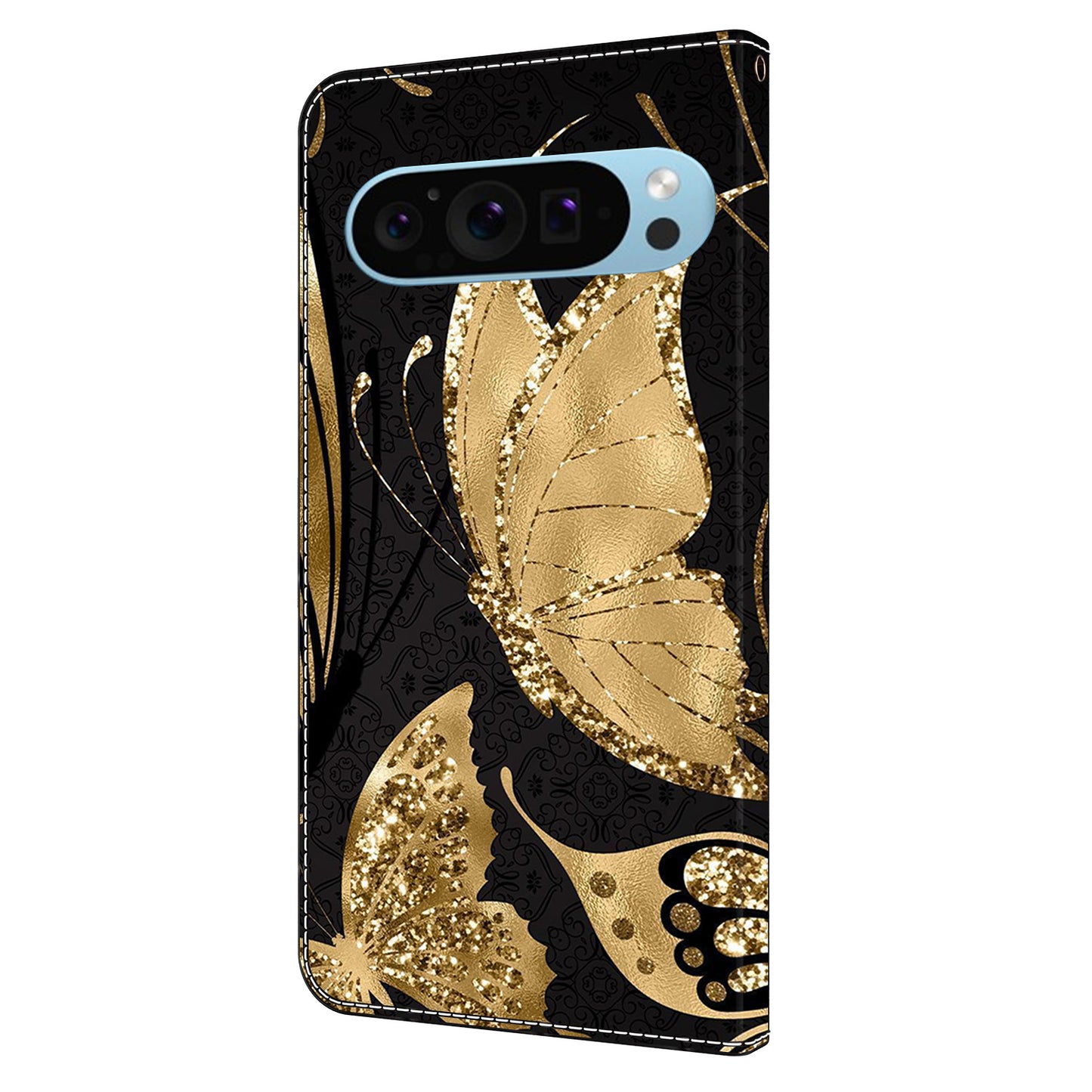 For Google Pixel 9 Case PU Leather 3D Pattern Wallet Phone Cover with Magnetic Clasp - Golden Butterfly
