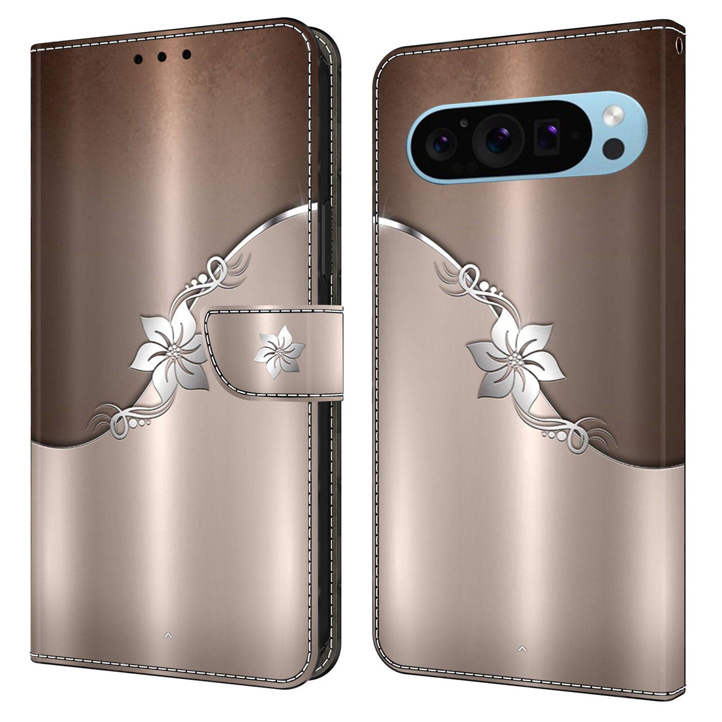 For Google Pixel 9 Case PU Leather 3D Pattern Wallet Phone Cover with Magnetic Clasp - Silver Flower