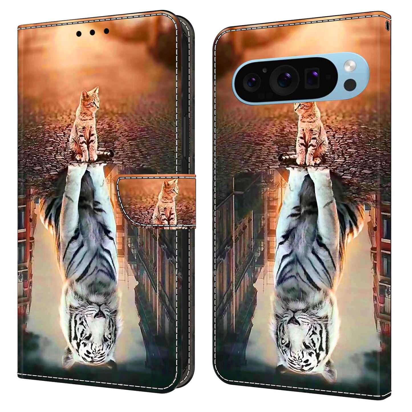 For Google Pixel 9 Case PU Leather 3D Pattern Wallet Phone Cover with Magnetic Clasp - Cat and Tiger