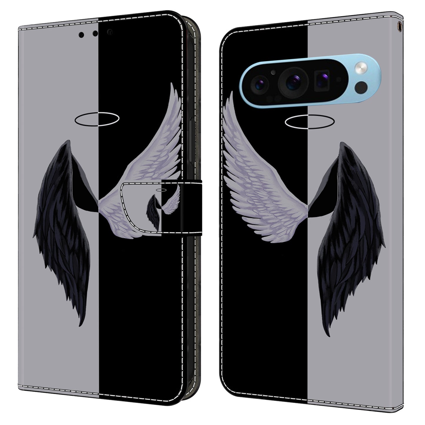 For Google Pixel 9 Case PU Leather 3D Pattern Wallet Phone Cover with Magnetic Clasp - Black / White Wings