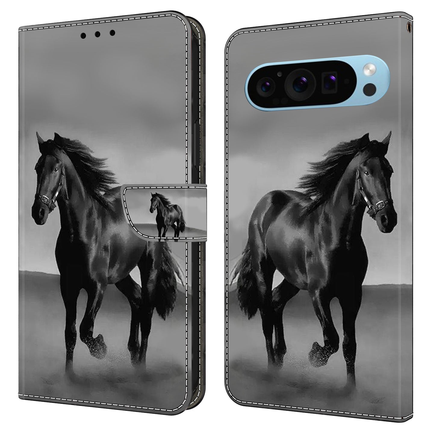 For Google Pixel 9 Case PU Leather 3D Pattern Wallet Phone Cover with Magnetic Clasp - Black Horse