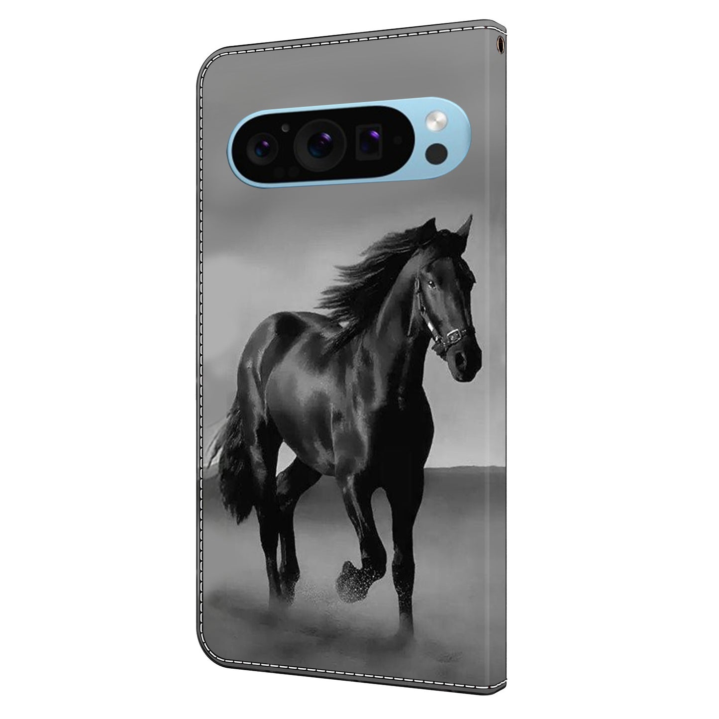 For Google Pixel 9 Case PU Leather 3D Pattern Wallet Phone Cover with Magnetic Clasp - Black Horse