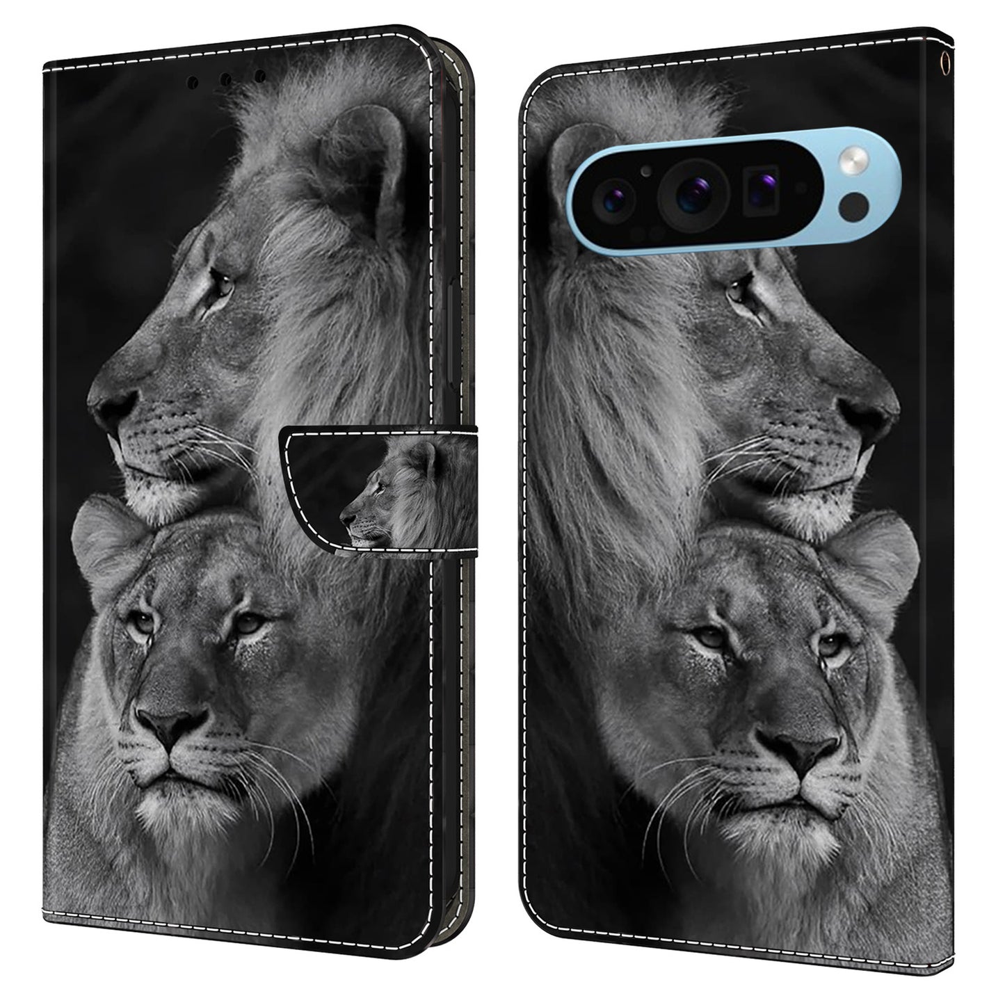 For Google Pixel 9 Case PU Leather 3D Pattern Wallet Phone Cover with Magnetic Clasp - Couple Lions
