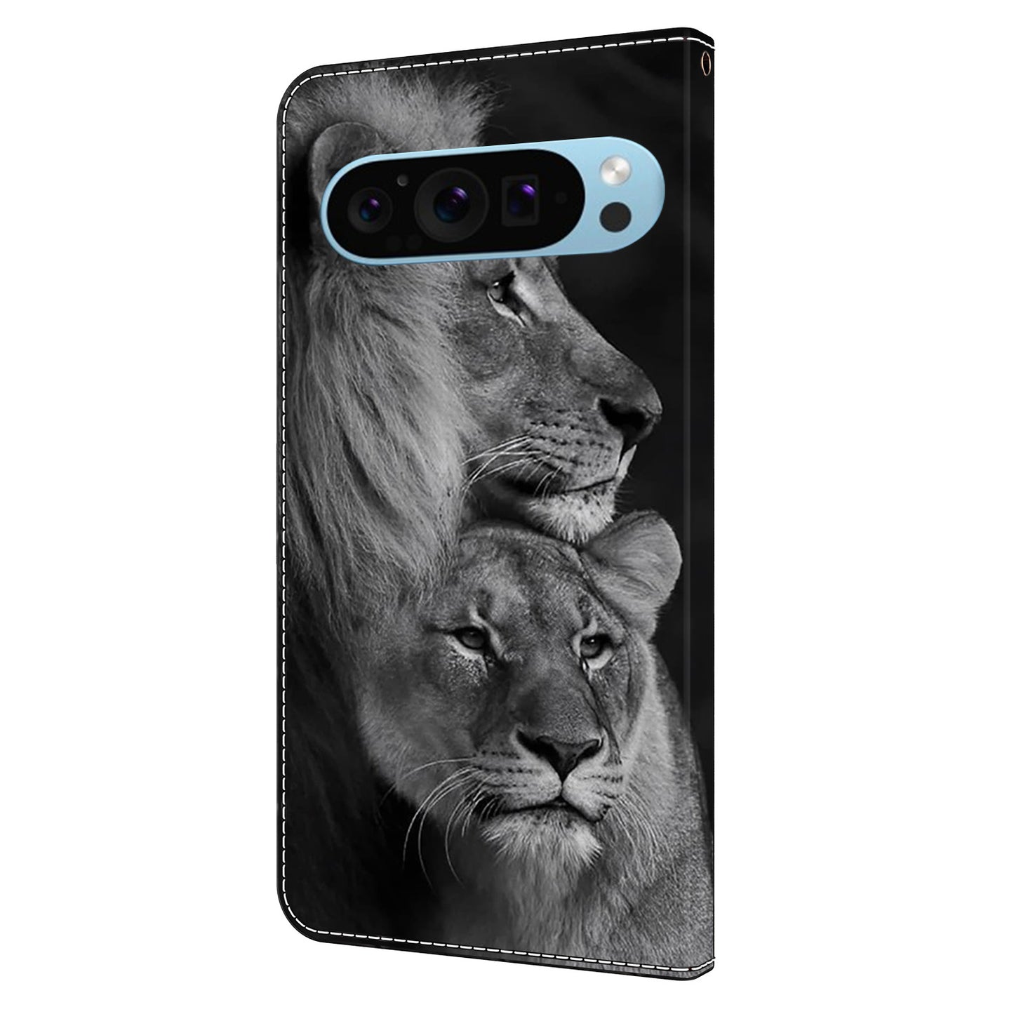For Google Pixel 9 Case PU Leather 3D Pattern Wallet Phone Cover with Magnetic Clasp - Couple Lions