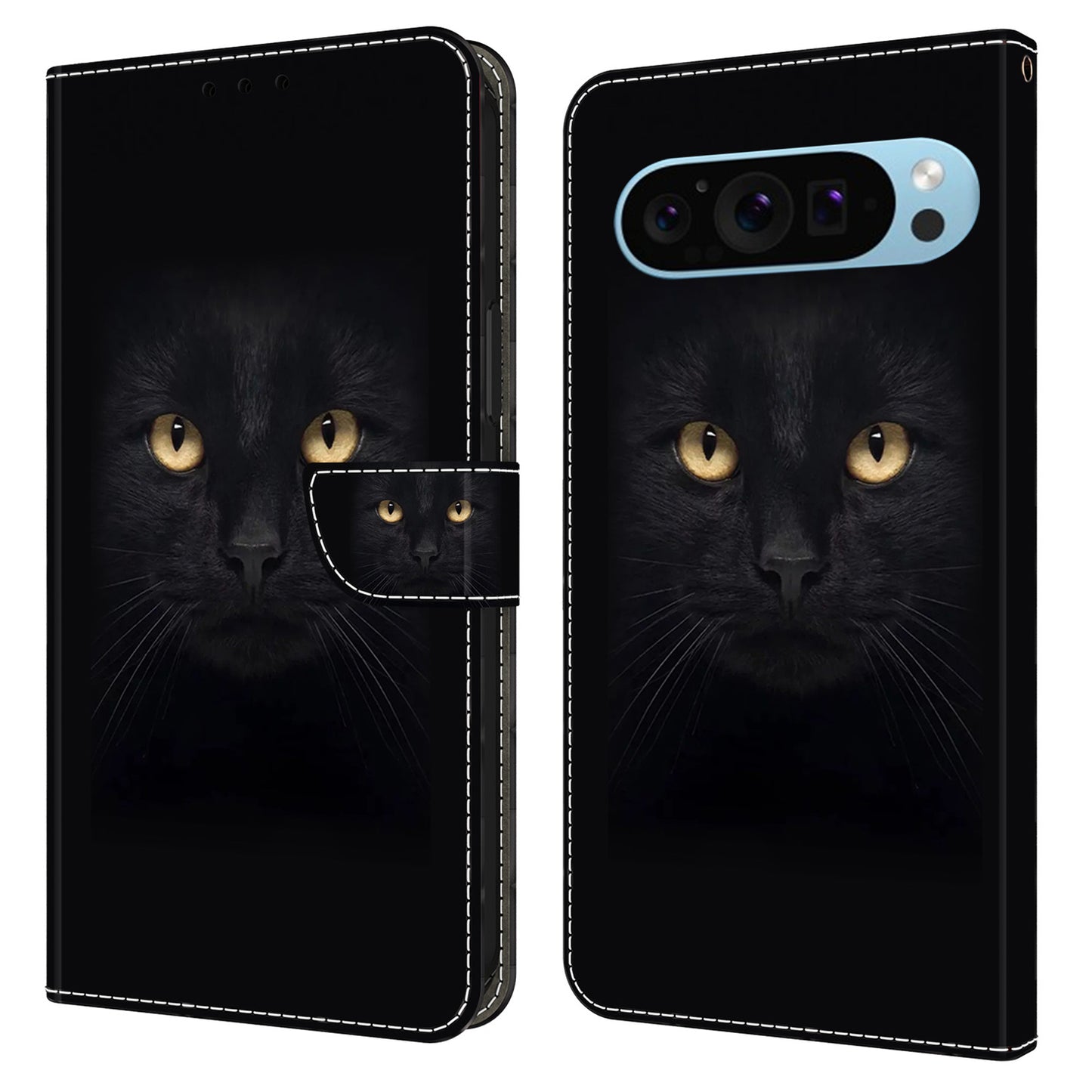 For Google Pixel 9 Case PU Leather 3D Pattern Wallet Phone Cover with Magnetic Clasp - Black Cat