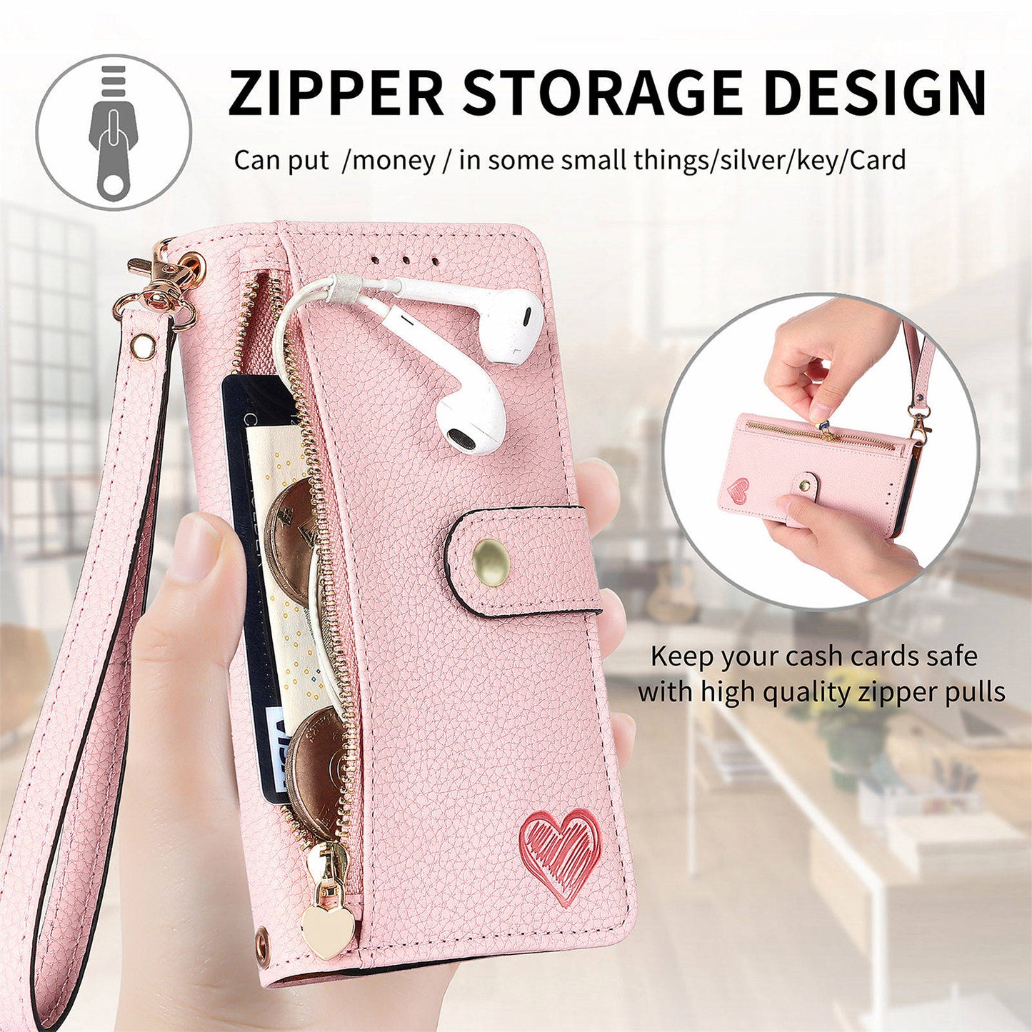 For Samsung Galaxy S24+ Leather Case RFID Blocking Zipper Walet Phone Cover - Pink