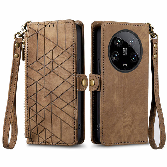 For Xiaomi 14 Ultra Leather Case Zipper Pocket Wallet  Geometry Phone Cover with Strap - Brown