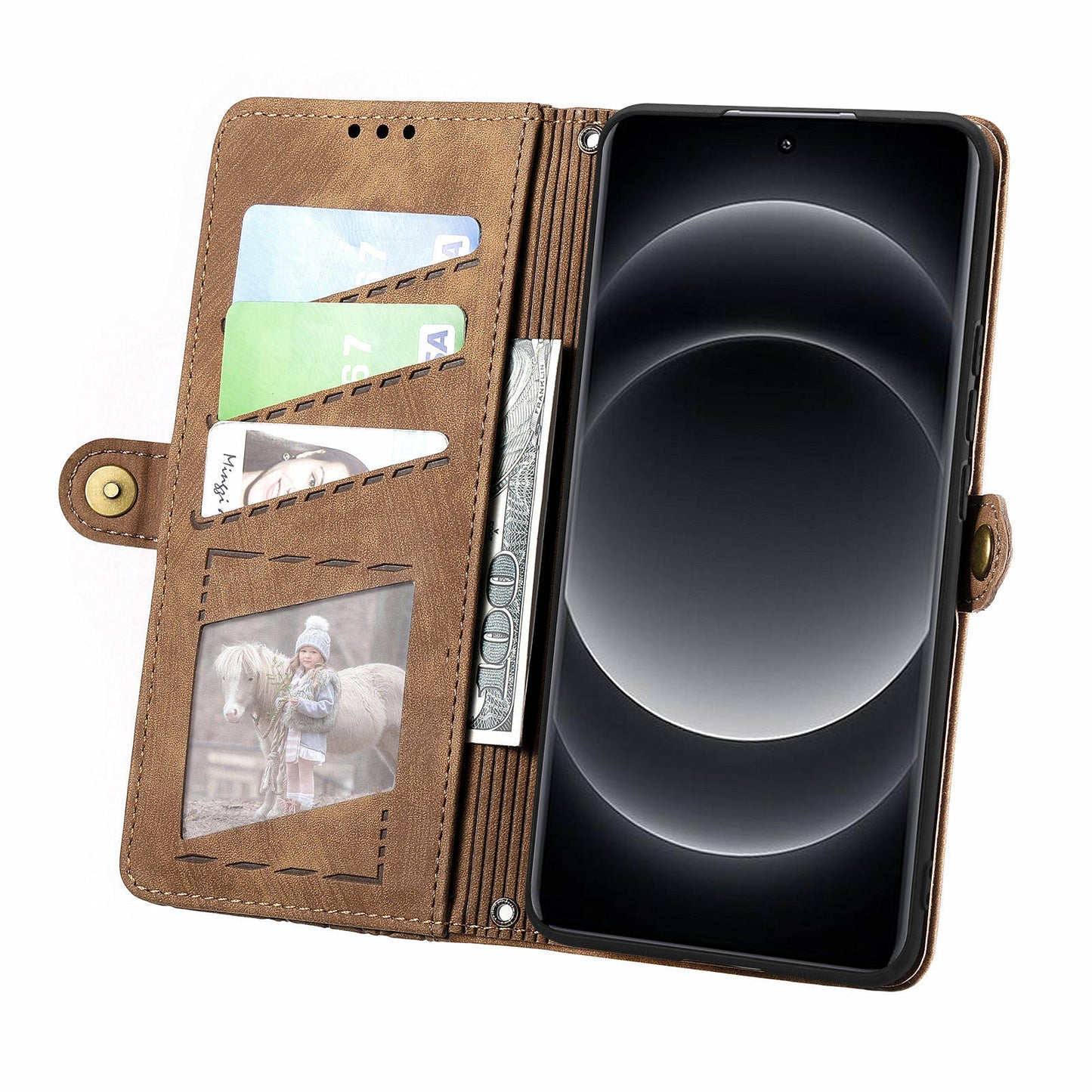 For Xiaomi 14 Ultra Leather Case Zipper Pocket Wallet  Geometry Phone Cover with Strap - Brown