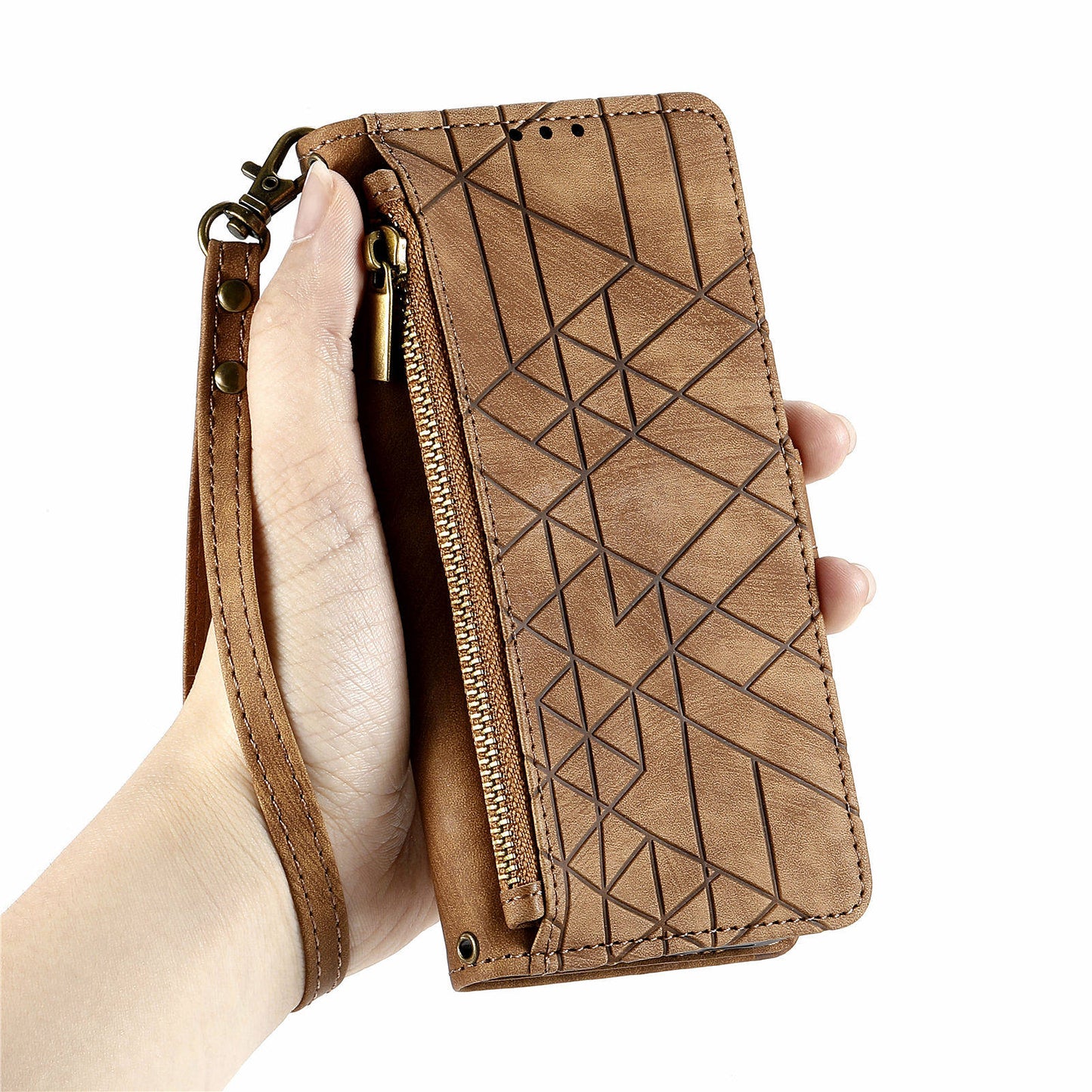 For Xiaomi 14 Ultra Leather Case Zipper Pocket Wallet  Geometry Phone Cover with Strap - Brown