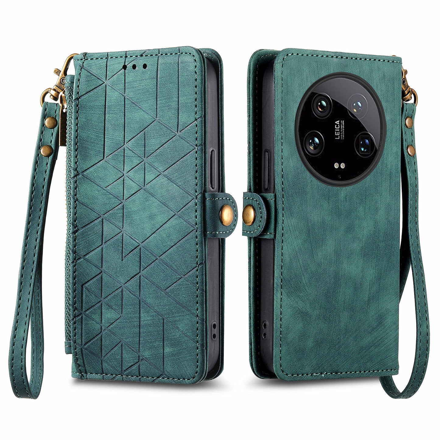 For Xiaomi 14 Ultra Leather Case Zipper Pocket Wallet  Geometry Phone Cover with Strap - Green