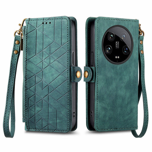 For Xiaomi 14 Ultra Leather Case Zipper Pocket Wallet  Geometry Phone Cover with Strap - Green