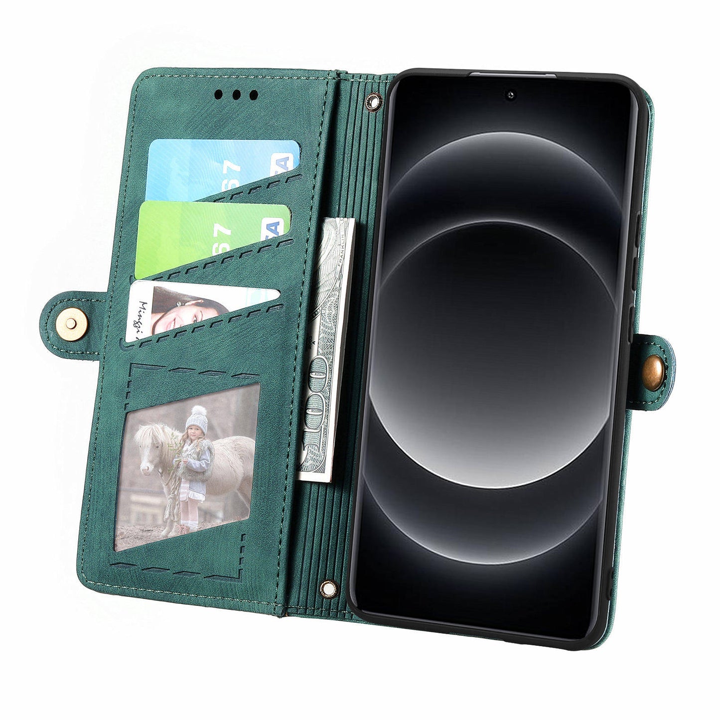 For Xiaomi 14 Ultra Leather Case Zipper Pocket Wallet  Geometry Phone Cover with Strap - Green