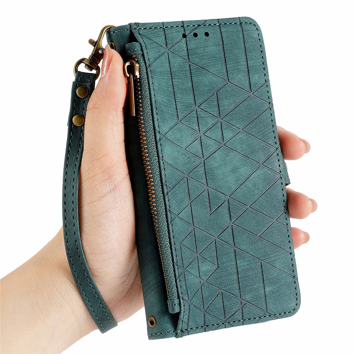 For Xiaomi 14 Ultra Leather Case Zipper Pocket Wallet  Geometry Phone Cover with Strap - Green
