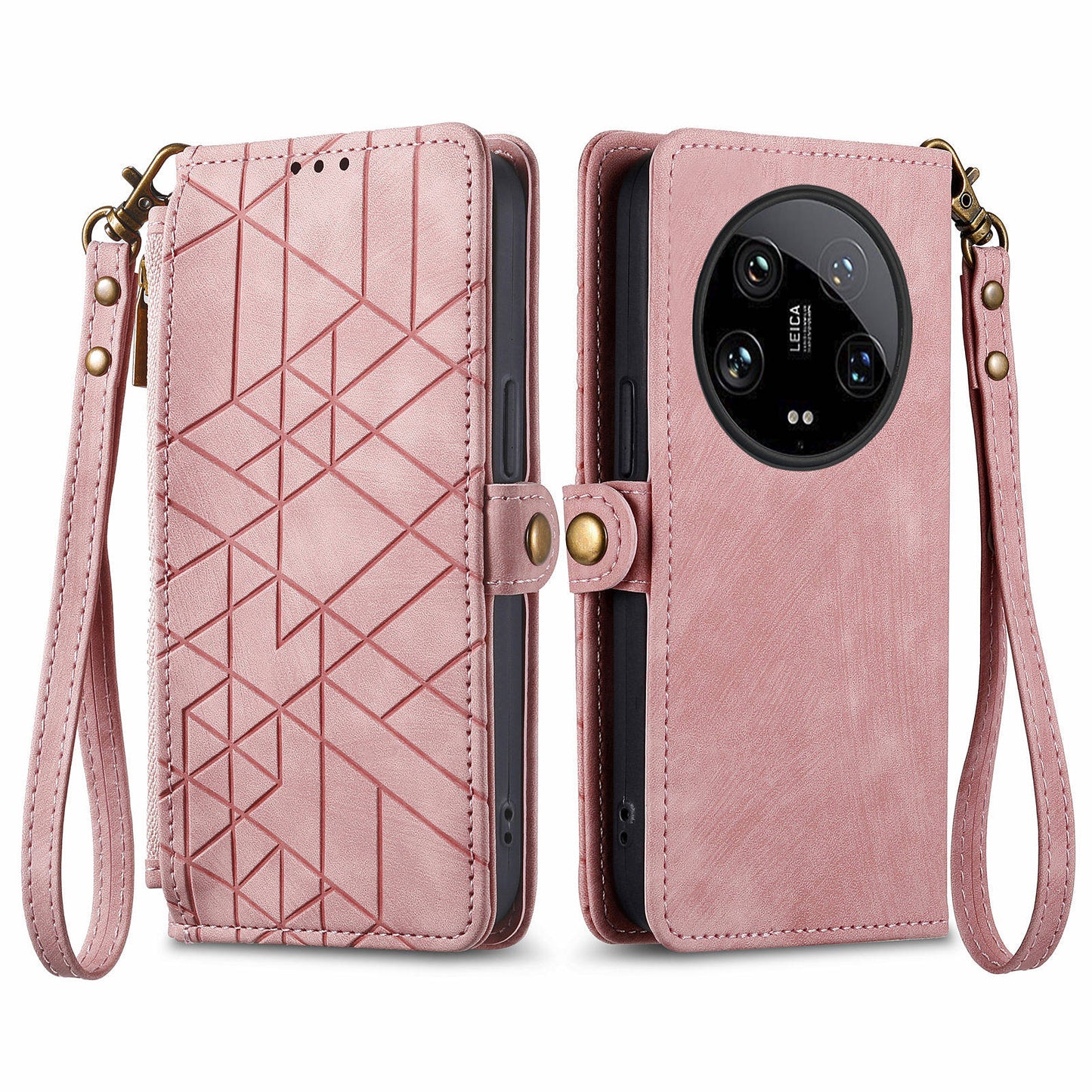 For Xiaomi 14 Ultra Leather Case Zipper Pocket Wallet  Geometry Phone Cover with Strap - Pink