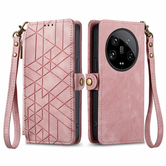 For Xiaomi 14 Ultra Leather Case Zipper Pocket Wallet  Geometry Phone Cover with Strap - Pink