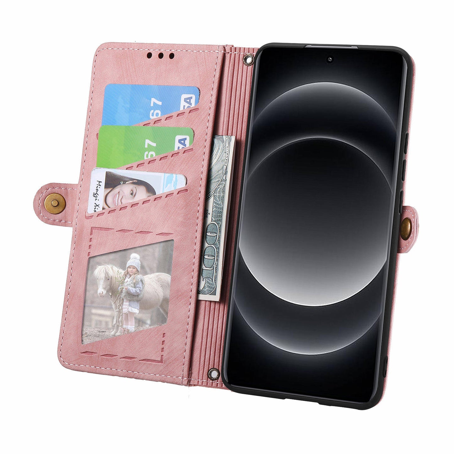 For Xiaomi 14 Ultra Leather Case Zipper Pocket Wallet  Geometry Phone Cover with Strap - Pink
