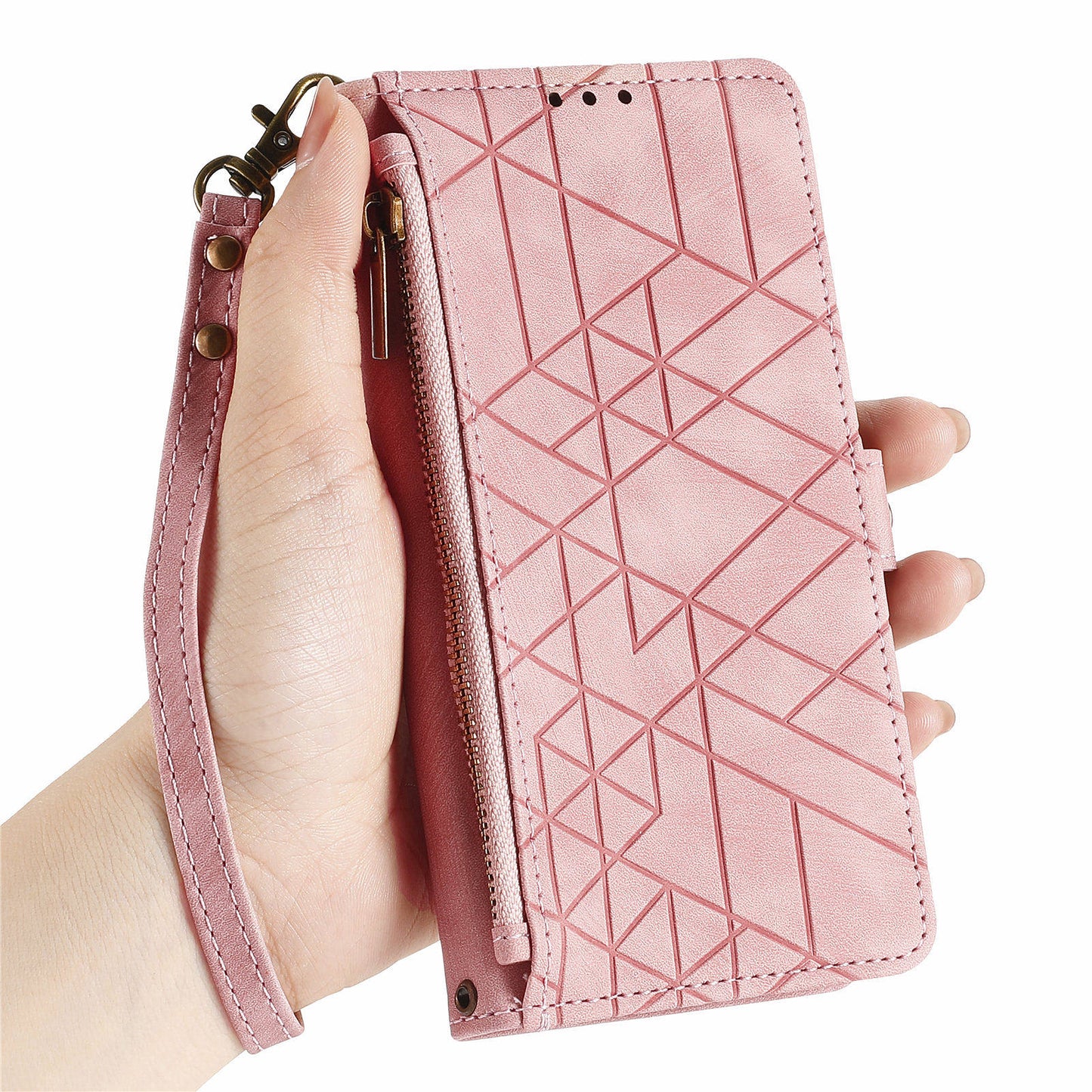 For Xiaomi 14 Ultra Leather Case Zipper Pocket Wallet  Geometry Phone Cover with Strap - Pink
