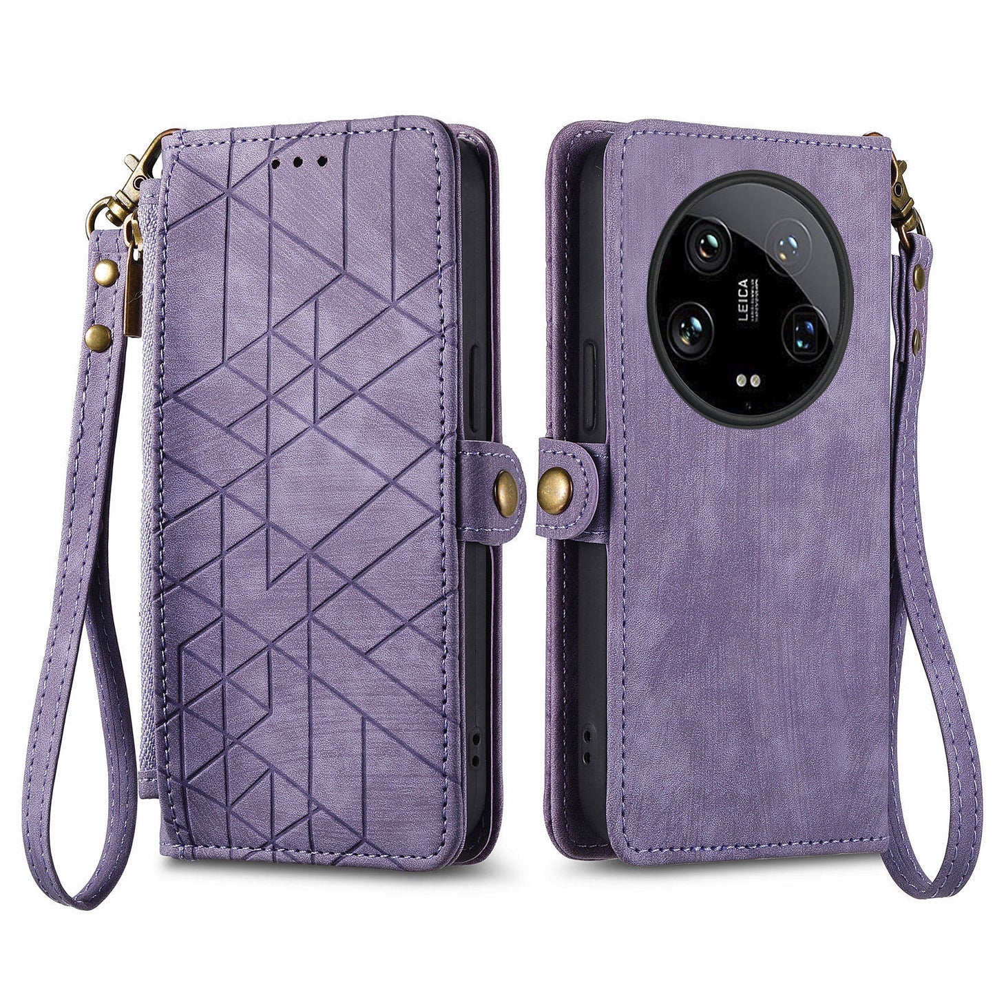 For Xiaomi 14 Ultra Leather Case Zipper Pocket Wallet  Geometry Phone Cover with Strap - Light Purple
